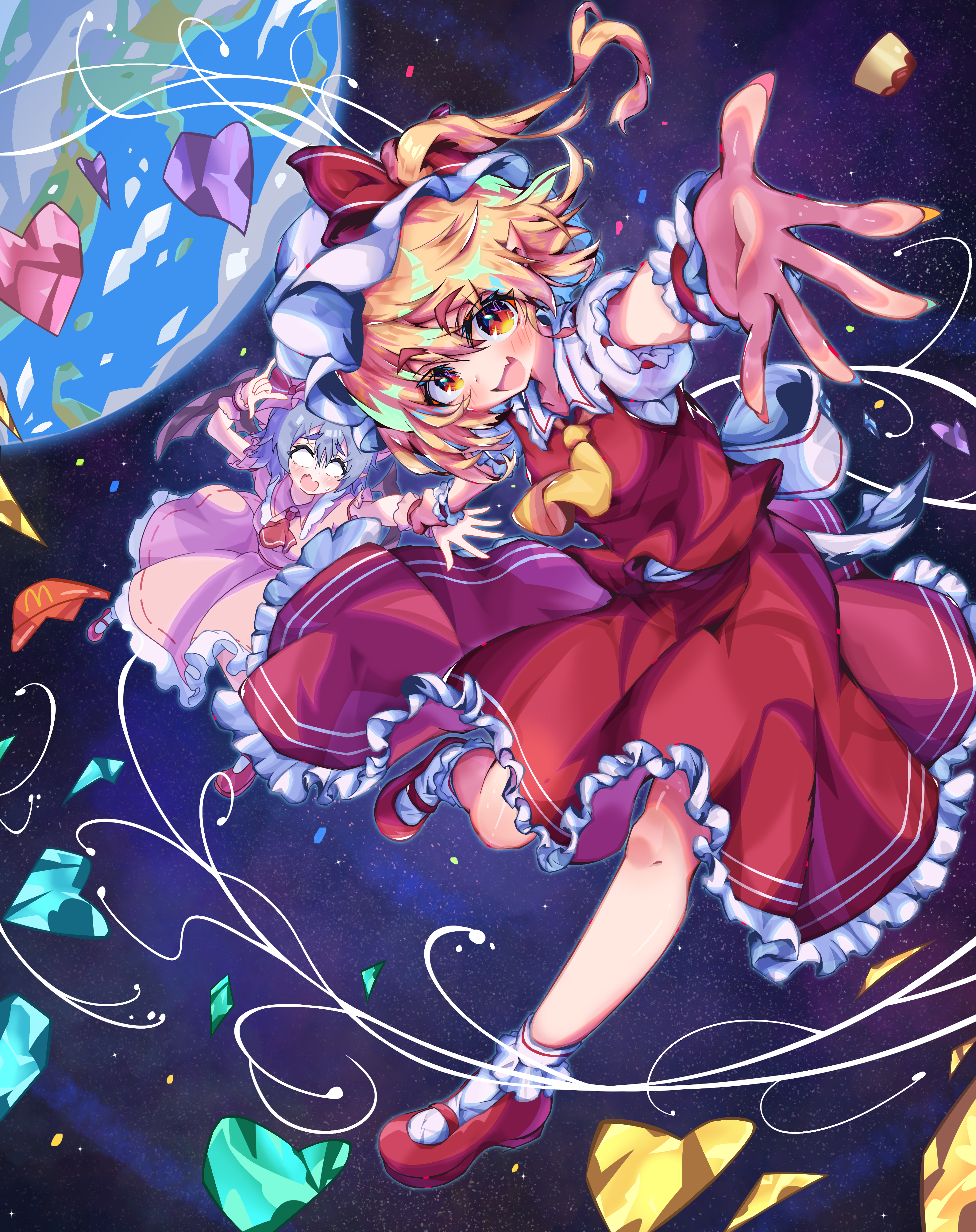 mian shenzhu, flandre scarlet, remilia scarlet, touhou, absurdres, highres, 2girls, blonde hair, blue hair, braid, dress, floating, frilled dress, frills, glowing, hat, mob cap, multiple girls, open mouth, pink dress, planet, reaching, reaching towards viewer, red dress, red eyes, ribbon, short hair, smile, space, twin braids, wings