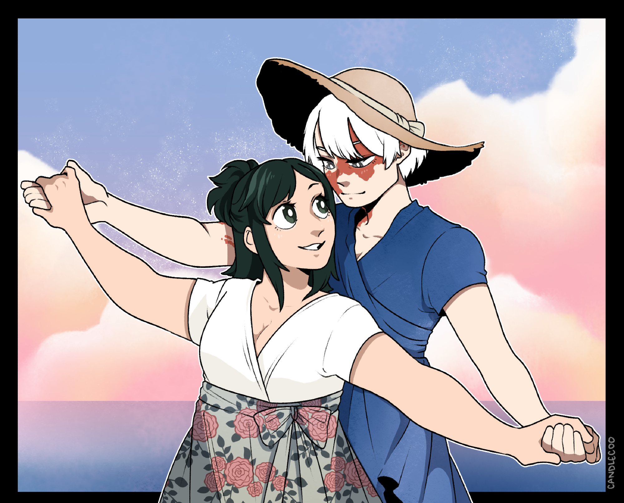 midoriya inko, todoroki rei, boku no hero academia, highres, second-party source, 2girls, blue dress, candlecoo, dress, floral print, green eyes, grey eyes, grey hair, half updo, hat, holding hands, light smile, looking at another, medium hair, multiple girls, ocean, scar, scar on face, short hair, signature, sun hat, white dress, white hair, yuri