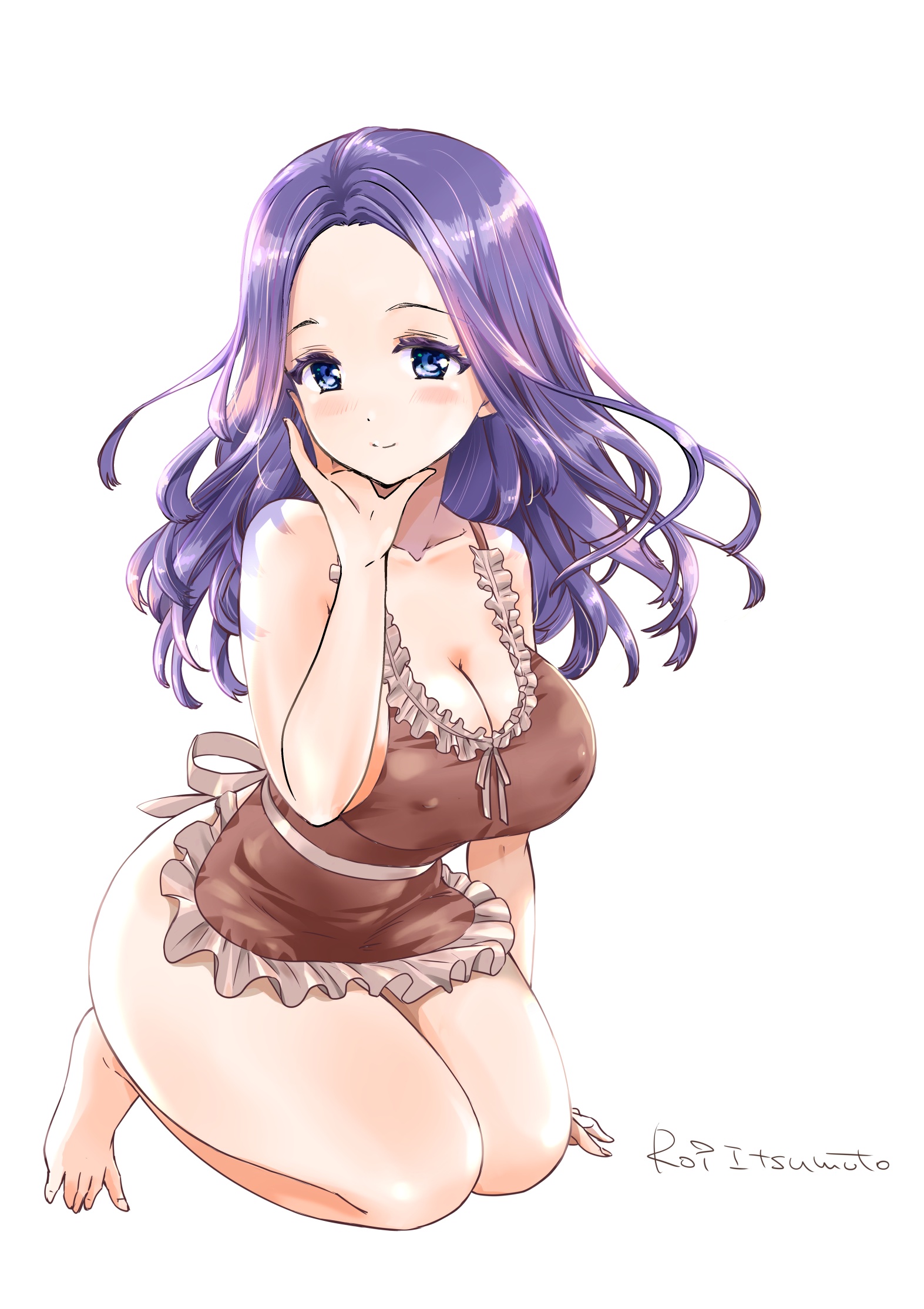 original, commentary request, highres, 1girl, apron, arm support, artist name, barefoot, breasts, brown apron, cleavage, closed mouth, collarbone, covered erect nipples, full body, itsumoto roi, kneeling, large breasts, light blush, long hair, looking at viewer, naked apron, purple eyes, purple hair, simple background, smile, solo, white background