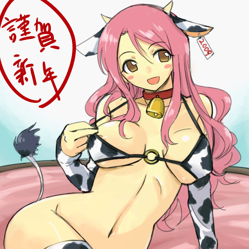 michael f91, 00s, 1girl, 2009, animal ears, animal print, bell, bikini, bikini top only, blush, breasts, brown eyes, collar, cow ears, cow print, cow print bikini, cow tail, cowbell, curvy, elbow gloves, female focus, gloves, horns, large breasts, long hair, neck bell, new year, no panties, pink hair, print bikini, solo, swimsuit, tail, thighhighs