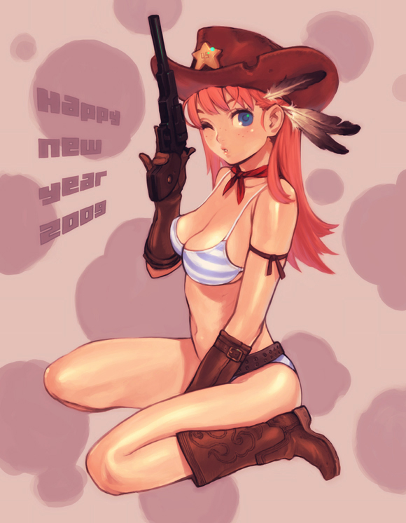 shiohara shin'ichi, original, 00s, 1girl, 2009, bikini, blue eyes, boots, breasts, cleavage, cowboy boots, cowboy hat, cowboy western, feathers, female focus, freckles, full body, gloves, gun, handgun, hat, holding, holding gun, holding weapon, kneeling, long hair, medium breasts, new year, one eye closed, orange hair, revolver, solo, string bikini, striped bikini, striped clothes, swimsuit, trigger discipline, weapon, wink