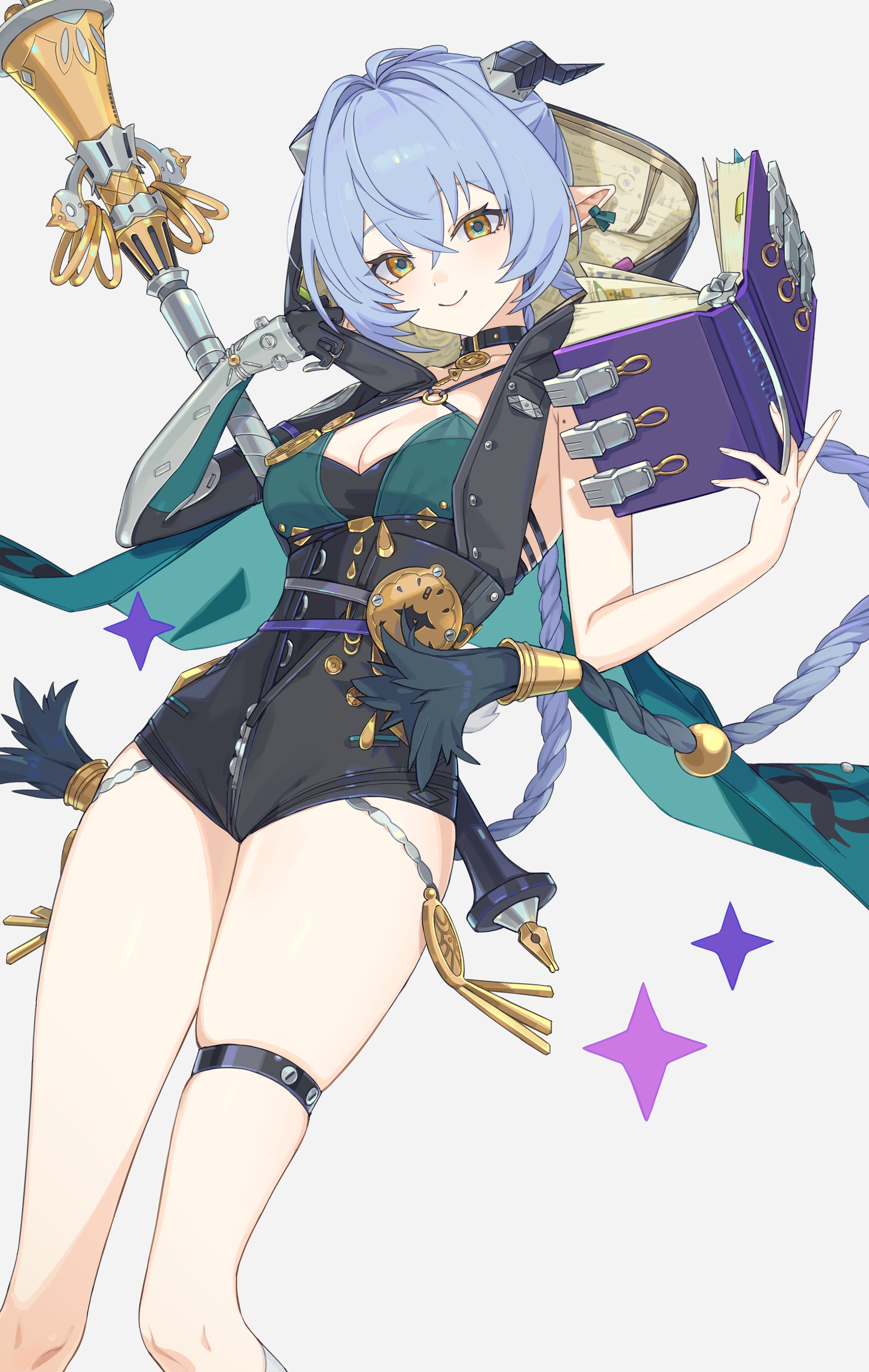 awe (adorableduckyy), lucia (zenless zone zero), zenless zone zero, absurdres, highres, 1girl, black choker, black shorts, blue hair, book, braid, breasts, choker, cleavage, closed mouth, gradient hair, grey background, hair between eyes, halterneck, high-waist shorts, holding, holding book, holding staff, horns, long hair, looking at viewer, low twin braids, medium breasts, multicolored hair, open book, pointy ears, shorts, simple background, small horns, smile, solo, staff, thigh strap, thighs, twin braids, very long hair, yellow eyes