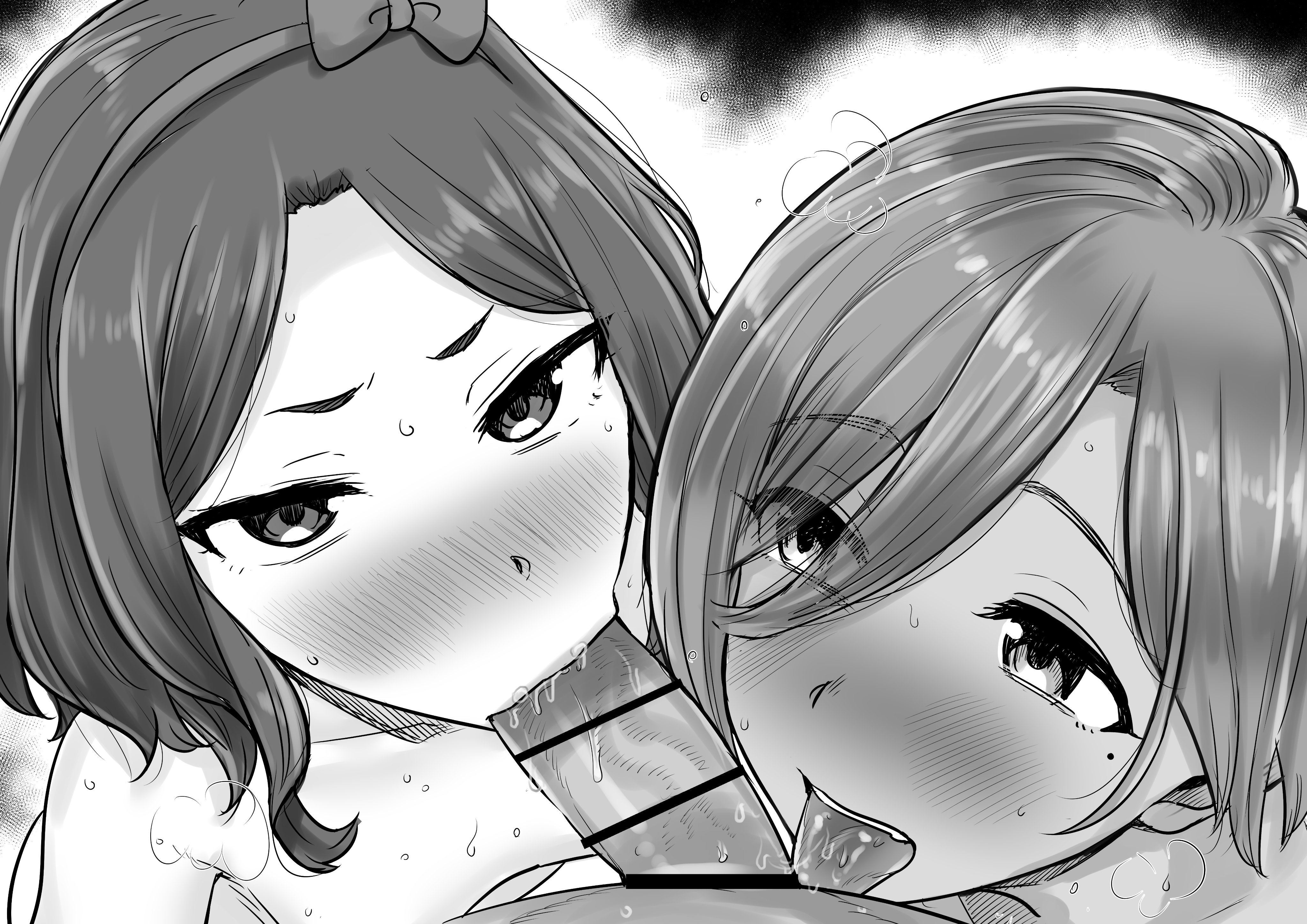 kaiman garupan, ebizuka tomo, rupa (girls band cry), girls band cry, absurdres, highres, 1boy, 2girls, bar censor, blush, bow hairband, breasts, censored, cooperative fellatio, dark-skinned female, dark skin, erection, fellatio, furrowed brow, greyscale, hair between eyes, hairband, licking, licking penis, looking at another, looking at viewer, mole, mole under eye, monochrome, multiple girls, nose blush, nude, open mouth, oral, parted bangs, penis, pov, saliva, short hair, small breasts, sweat, teamwork (sexual), tongue, tongue out, white background