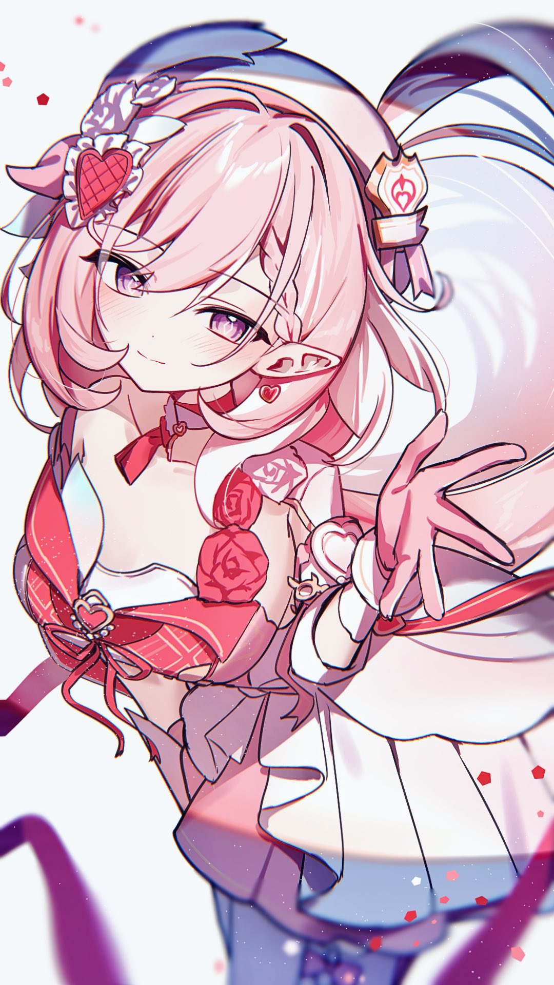 karamaru626, elysia (hi love elf) (honkai impact), elysia (honkai impact), honkai (series), honkai impact 3rd, highres, 1girl, braid, breasts, choker, closed mouth, collarbone, diamond-shaped pupils, diamond (shape), dress, earrings, gloves, hair ornament, hand up, hat, heart, heart earrings, heart hair ornament, jewelry, large breasts, light blush, long hair, looking at viewer, pink gloves, pink hair, pointy ears, purple eyes, red choker, single bare shoulder, solo, symbol-shaped pupils, very long hair, white dress, white hat