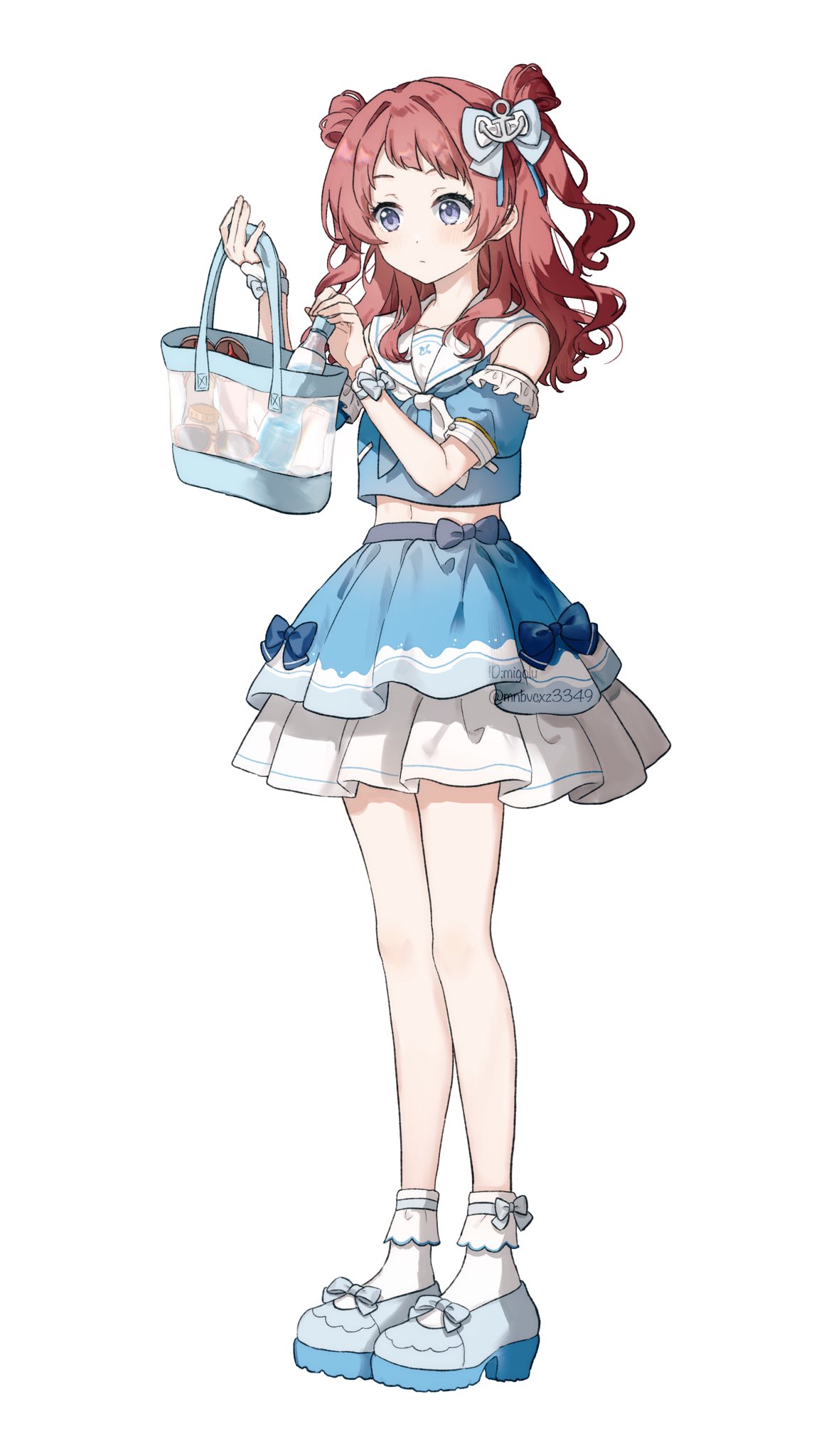 migolu, hanami saki, gakuen idolmaster, idolmaster, highres, 1girl, bag, bare shoulders, blue bow, blue shirt, blue shoes, blue sleeves, blush, bow, bow legwear, closed mouth, detached sleeves, footwear bow, full body, hair bow, holding, holding bag, long hair, looking at viewer, purple eyes, red hair, sailor collar, shirt, shoes, short sleeves, simple background, sleeveless, sleeveless shirt, socks, solo, standing, twitter username, two side up, white background, white sailor collar, white socks