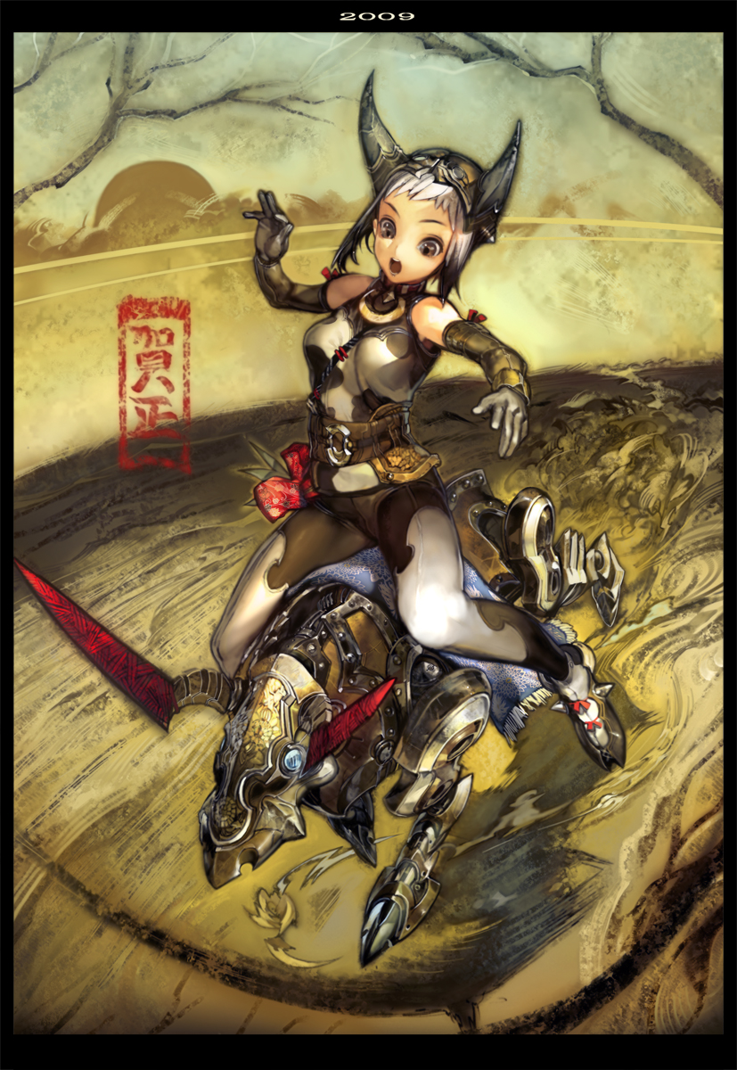 taiki (luster), original, bad id, bad pixiv id, highres, 00s, 1girl, 2009, animal print, brown eyes, bull, cow print, female focus, gloves, horns, new year, riding, solo, white hair