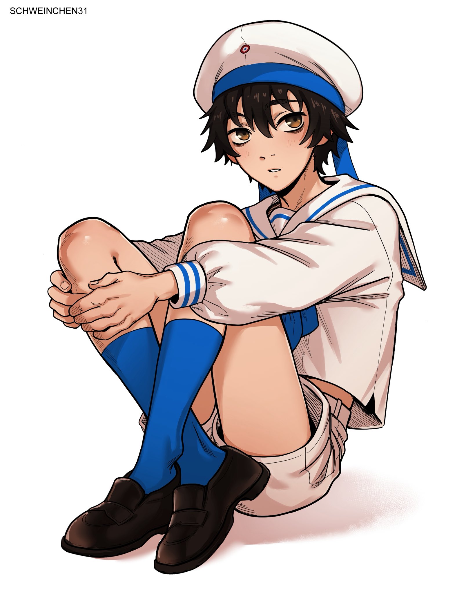 schweinchen31, original, highres, 1boy, bishounen, black hair, blue socks, brown hair, crossed legs, full body, hat, hugging own legs, looking at viewer, male focus, mary janes, midriff peek, sailor, sailor collar, sailor hat, shirt, shoes, short hair, shorts, simple background, socks, solo, white background, white sailor collar, white shirt, white shorts