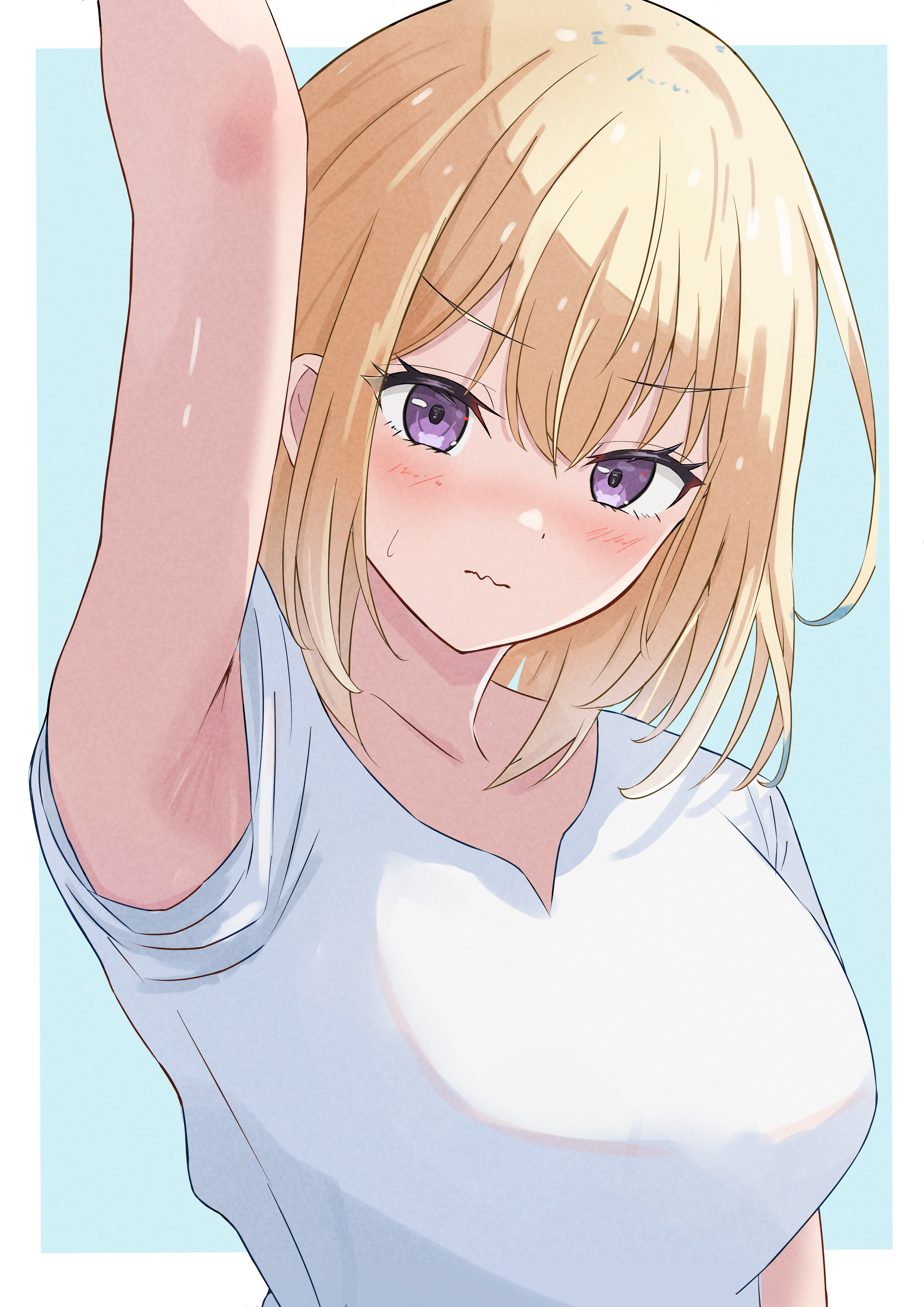 azakura (beniyomogi), misumi uika, bang dream!, bang dream! it's mygo!!!!!, absurdres, commentary request, highres, 1girl, armpit focus, armpits, blonde hair, blue background, blush, border, breasts, closed mouth, large breasts, medium hair, outside border, presenting armpit, purple eyes, shirt, short sleeves, sidelocks, simple background, solo, upper body, wavy mouth, white border, white shirt