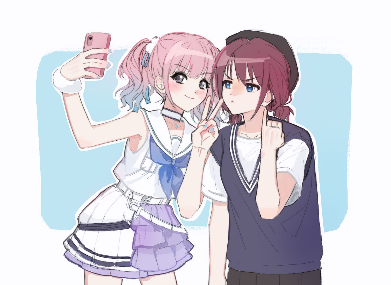 daejigogibg, hina (girls band cry), iseri nina, girls band cry, commentary, hashtag-only commentary, 2girls, black hat, blue hair, blue nails, blue sweater vest, blush, brown hair, choker, closed mouth, colored tips, hat, low twintails, multicolored hair, multiple girls, outline, pink hair, pinky out, purple skirt, selfie, shirt, short hair, short sleeves, short twintails, skirt, sweater vest, twintails, v, white choker, white outline, white shirt