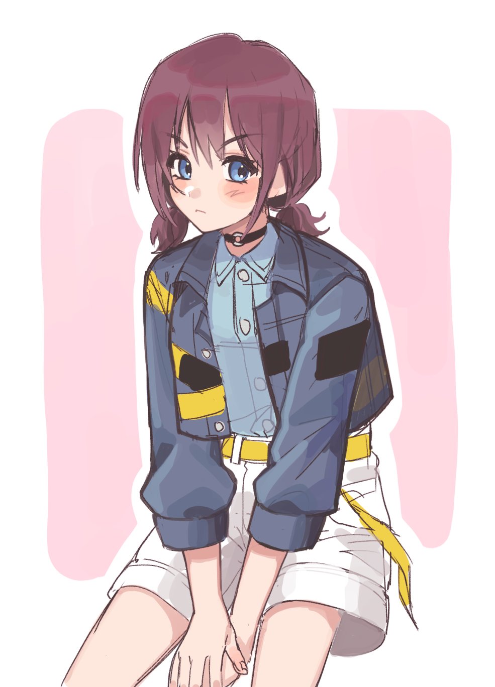 daejigogibg, iseri nina, girls band cry, commentary, hashtag-only commentary, highres, 1girl, belt, black choker, blue eyes, blue jacket, blue shirt, blush, brown hair, choker, closed mouth, jacket, low twintails, o-ring, o-ring choker, outline, shirt, short hair, short twintails, shorts, simple background, solo, twintails, white background, white outline, white shorts, yellow belt