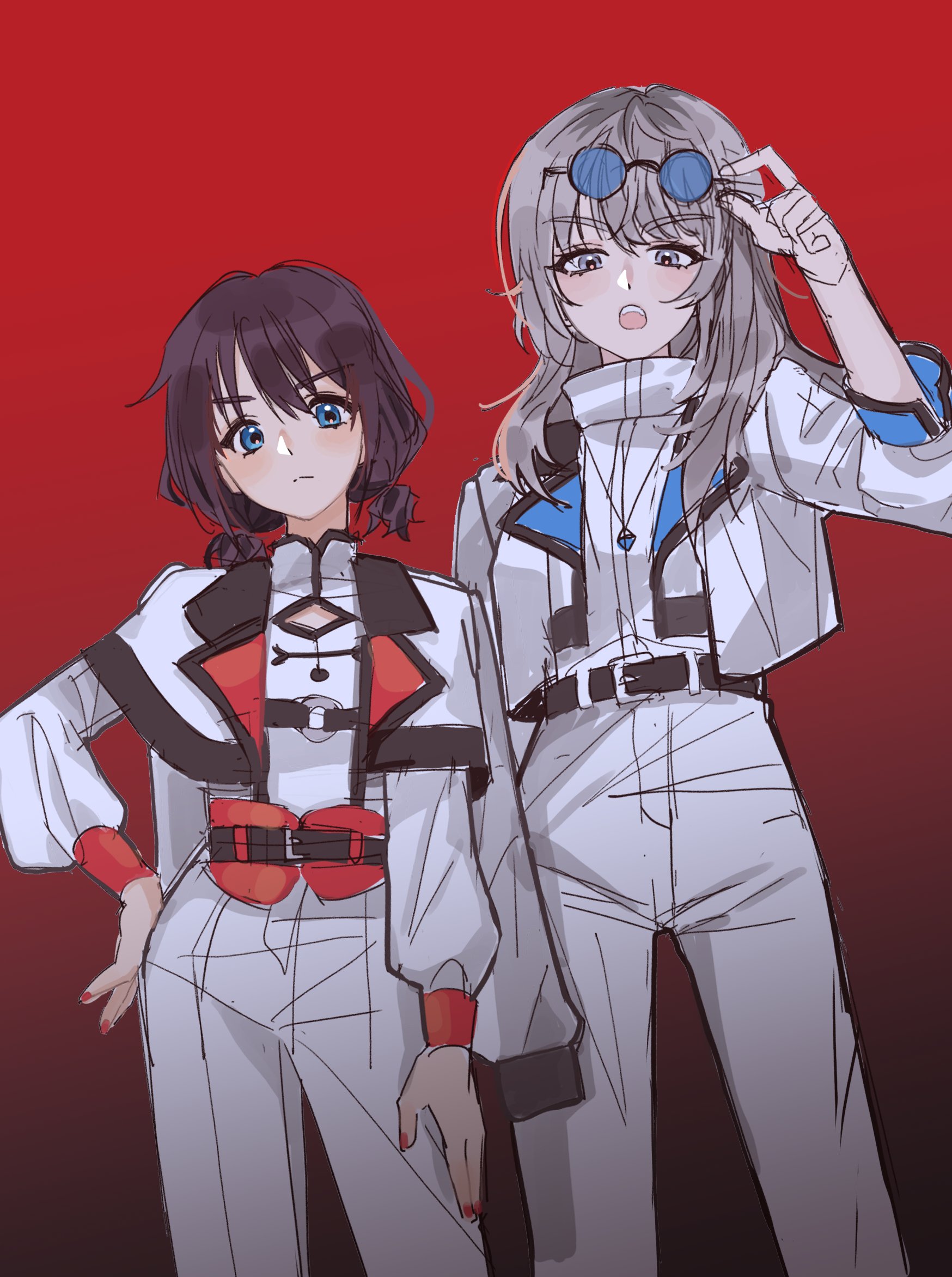 daejigogibg, iseri nina, kawaragi momoka, girls band cry, commentary, hashtag-only commentary, highres, 2girls, blue-tinted eyewear, blue eyes, brown hair, eyewear lift, glasses, grey eyes, grey hair, jacket, jewelry, long hair, looking at viewer, low twintails, multicolored hair, multiple girls, necklace, open mouth, pants, red background, roots (hair), shirt, short hair, short twintails, teeth, tinted eyewear, twintails, upper teeth only, white jacket, white pants, white shirt