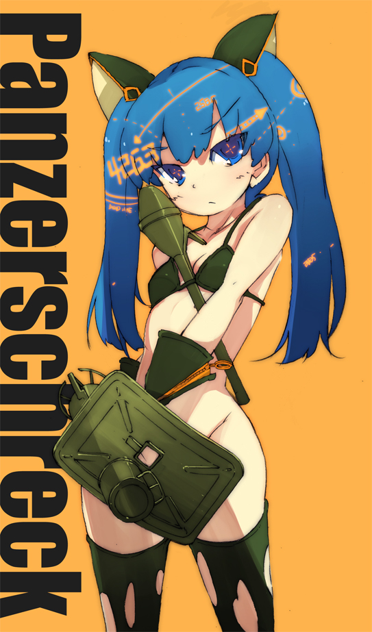 kitano yuusuke, animal ears, bikini, bikini top only, blue eyes, blue hair, bottomless, flat chest, gloves, green bikini, long hair, no panties, rocket launcher, solo, string bikini, swimsuit, thighhighs, torn clothes, torn thighhighs, twintails, weapon, world war ii