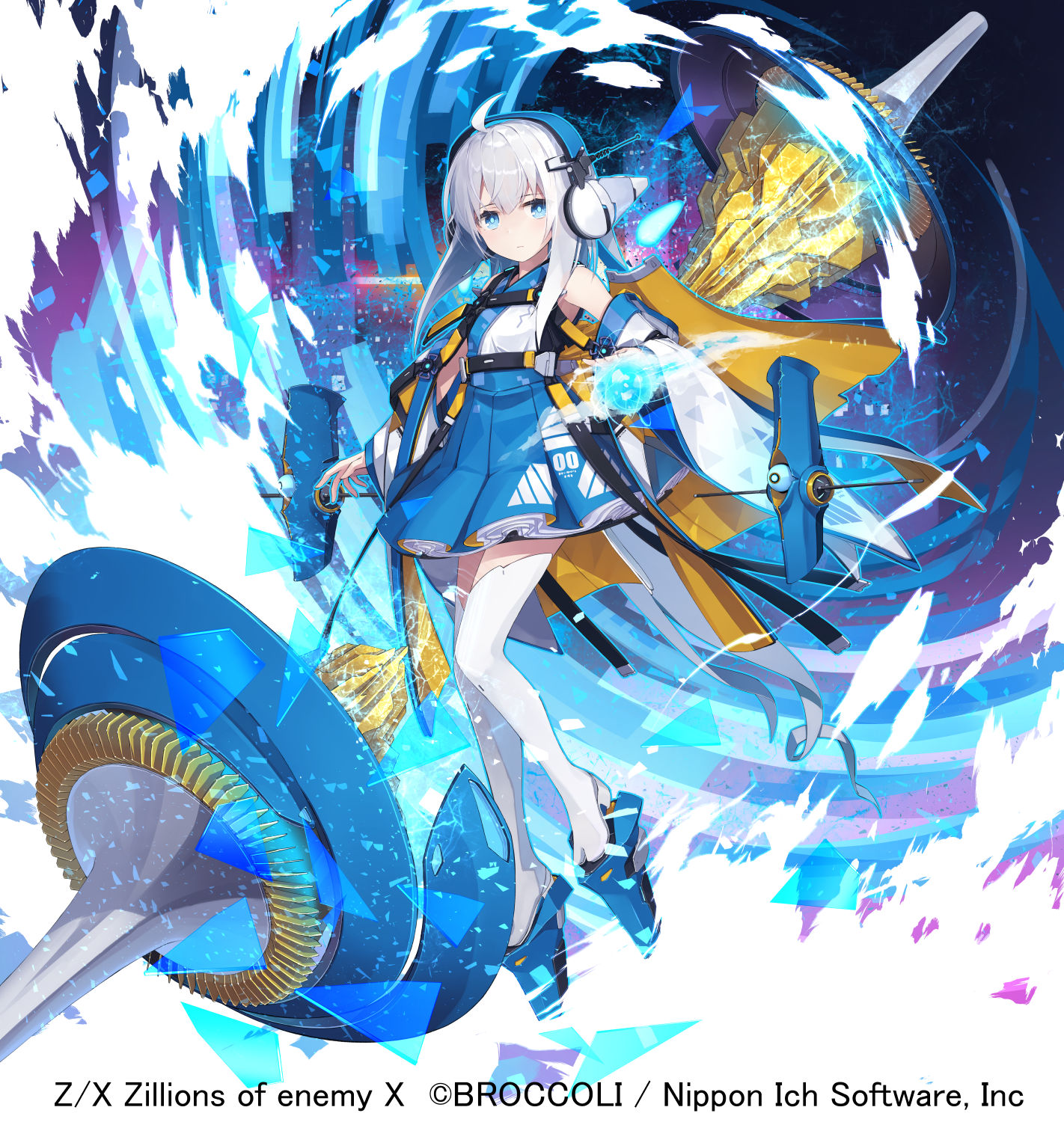 nanaroku (fortress76), z/x, highres, official art, 1girl, ahoge, blue eyes, boots, closed mouth, copyright notice, detached sleeves, energy ball, grey hair, headphones, mecha, nontraditional miko, robot, solo, thigh boots, yui (z/x)