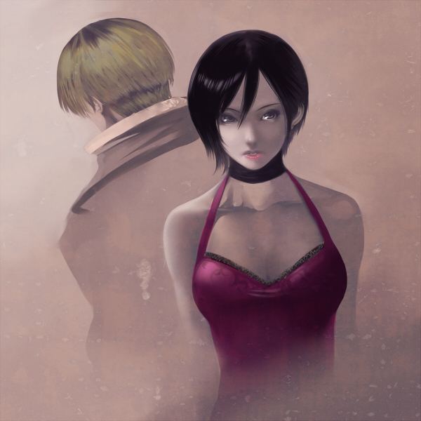 izumi (walnov), ada wong, leon s. kennedy, resident evil, resident evil 4, 1boy, 1girl, back-to-back, black hair, blonde hair, blue eyes, bra, breasts, cleavage, dress, lingerie, lipstick, makeup, red dress, short hair, underwear