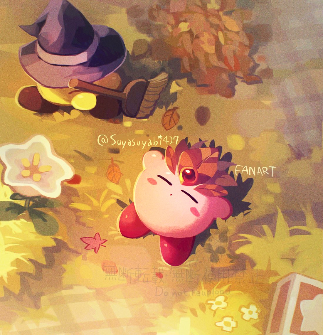 suyasuyabi, broom hatter, kirby, kirby (series), nintendo, black hat, blush stickers, broom, closed eyes, day, flower, grass, hat, holding, holding broom, leaf, no humans, outdoors, twitter username, white flower, witch hat