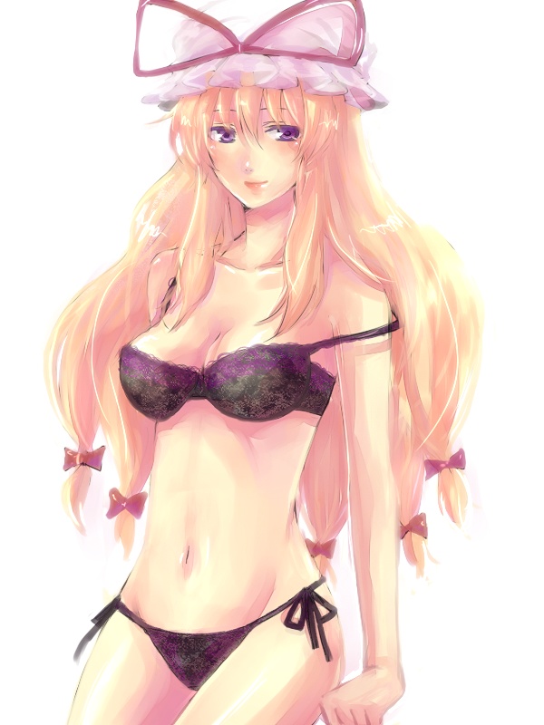 yoita, yakumo yukari, touhou, bad id, bad pixiv id, 1girl, bikini, blonde hair, bra, breasts, female focus, frills, hair ribbon, hat, lingerie, panties, ribbon, side-tie panties, solo, strap slip, swimsuit, underwear, underwear only, white background
