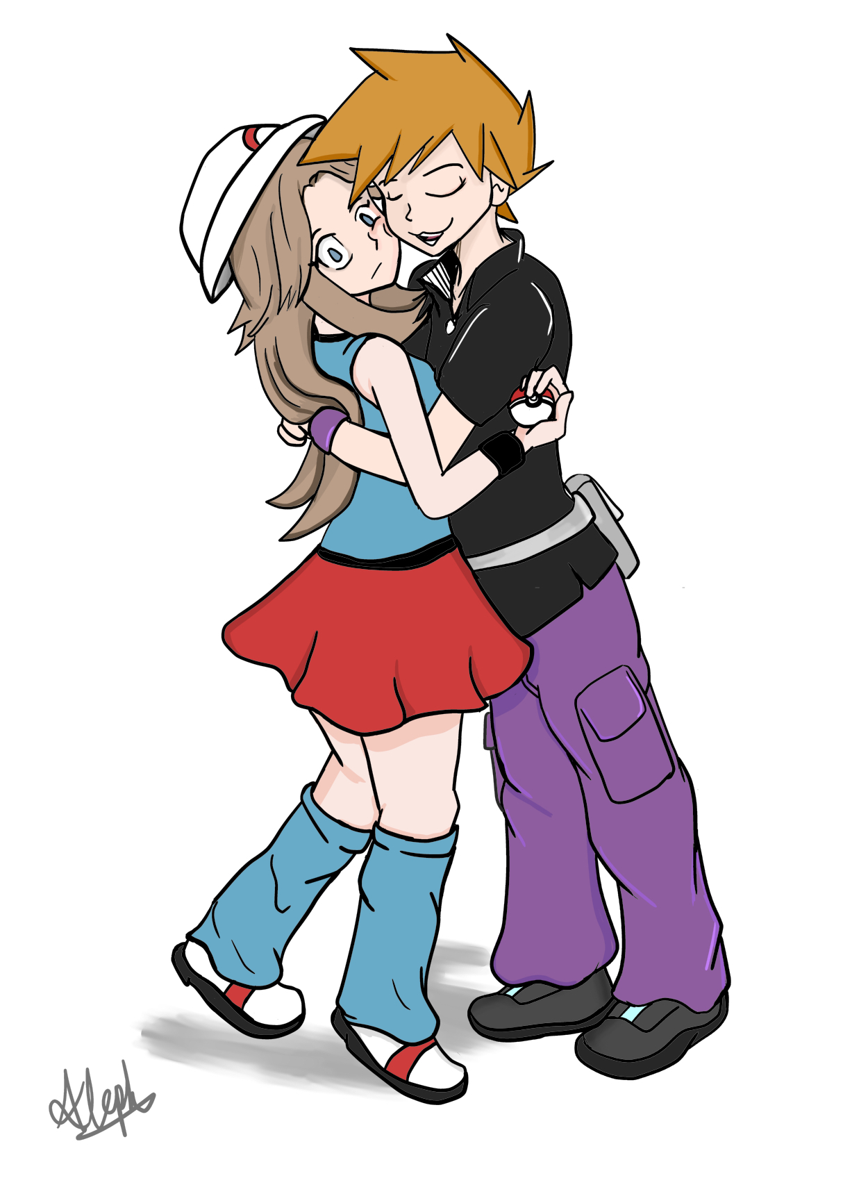 purrrloin, blue oak, leaf (pokemon), nintendo, pokemon, pokemon frlg, highres, 1boy, 1girl, :3, ahoge, aqua shirt, aqua socks, armpit crease, baggy pants, bare shoulders, blue eyes, breasts, brown hair, cheek-to-cheek, closed eyes, couple, curled fingers, eyelashes, fanny pack, full body, green eyes, hair flaps, hands up, hat, heads together, heel up, holding, holding poke ball, hug, leg warmers, legs, long hair, looking at viewer, medium hair, miniskirt, orange hair, pants, parted bangs, parted lips, poke ball, porkpie hat, red skirt, shirt, shoes, short sleeves, sidelocks, signature, simple background, skirt, sleeveless, sleeveless shirt, small breasts, sneakers, socks, spiked hair, standing, surprised, turning head, white background, wristband