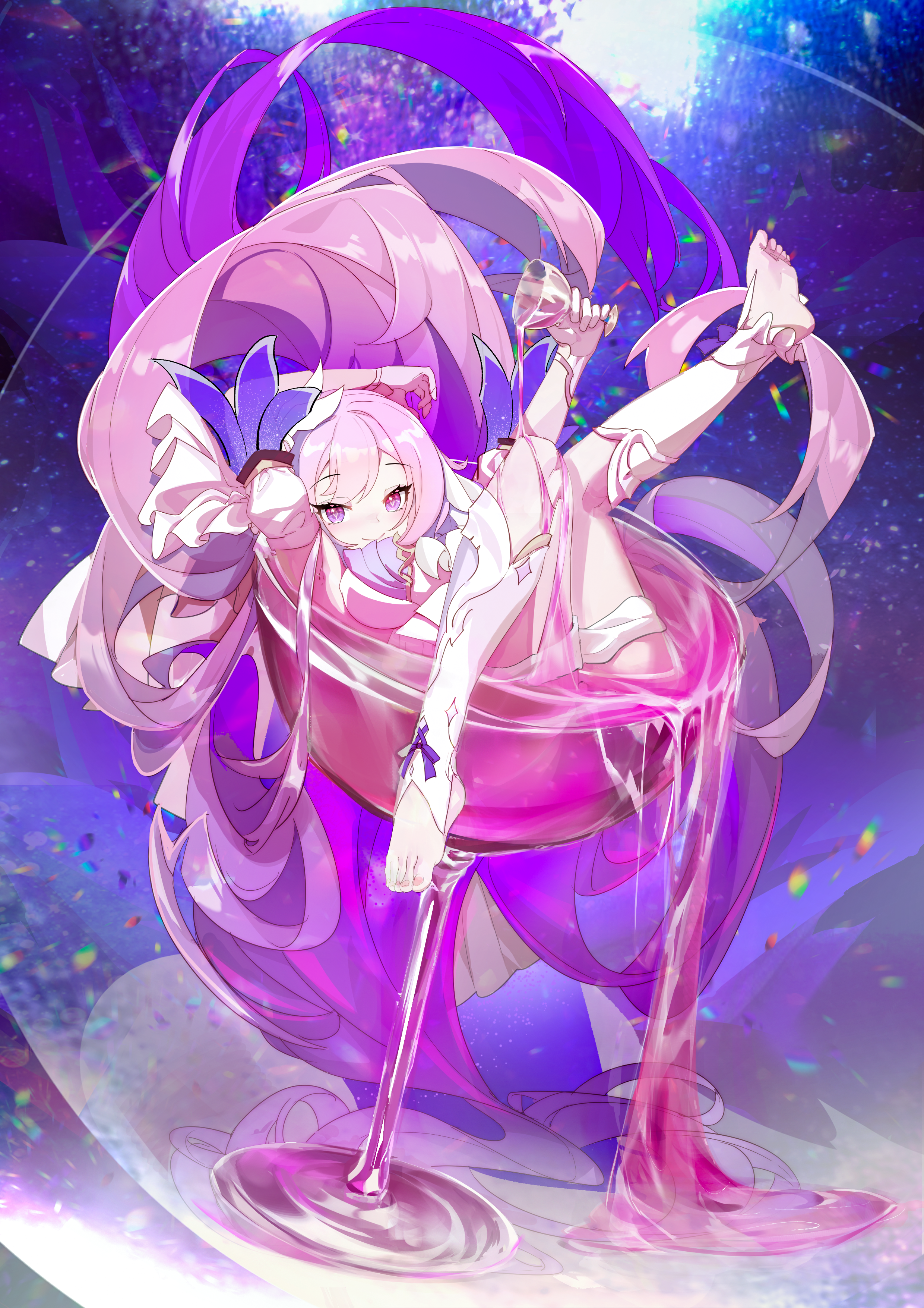 elysia (herrscher of human: ego) (honkai impact), elysia (honkai impact), honkai (series), honkai impact 3rd, absurdres, artist request, chinese commentary, commentary request, commission, highres, second-party source, 1girl, alcohol, barefoot, breasts, corset, cup, diamond-shaped pupils, diamond (shape), drinking glass, feet, gloves, holding, holding cup, large breasts, long hair, oversized object, pink hair, purple eyes, smile, soles, solo, symbol-shaped pupils, toes, very long hair, white corset, white gloves, wine, wine glass