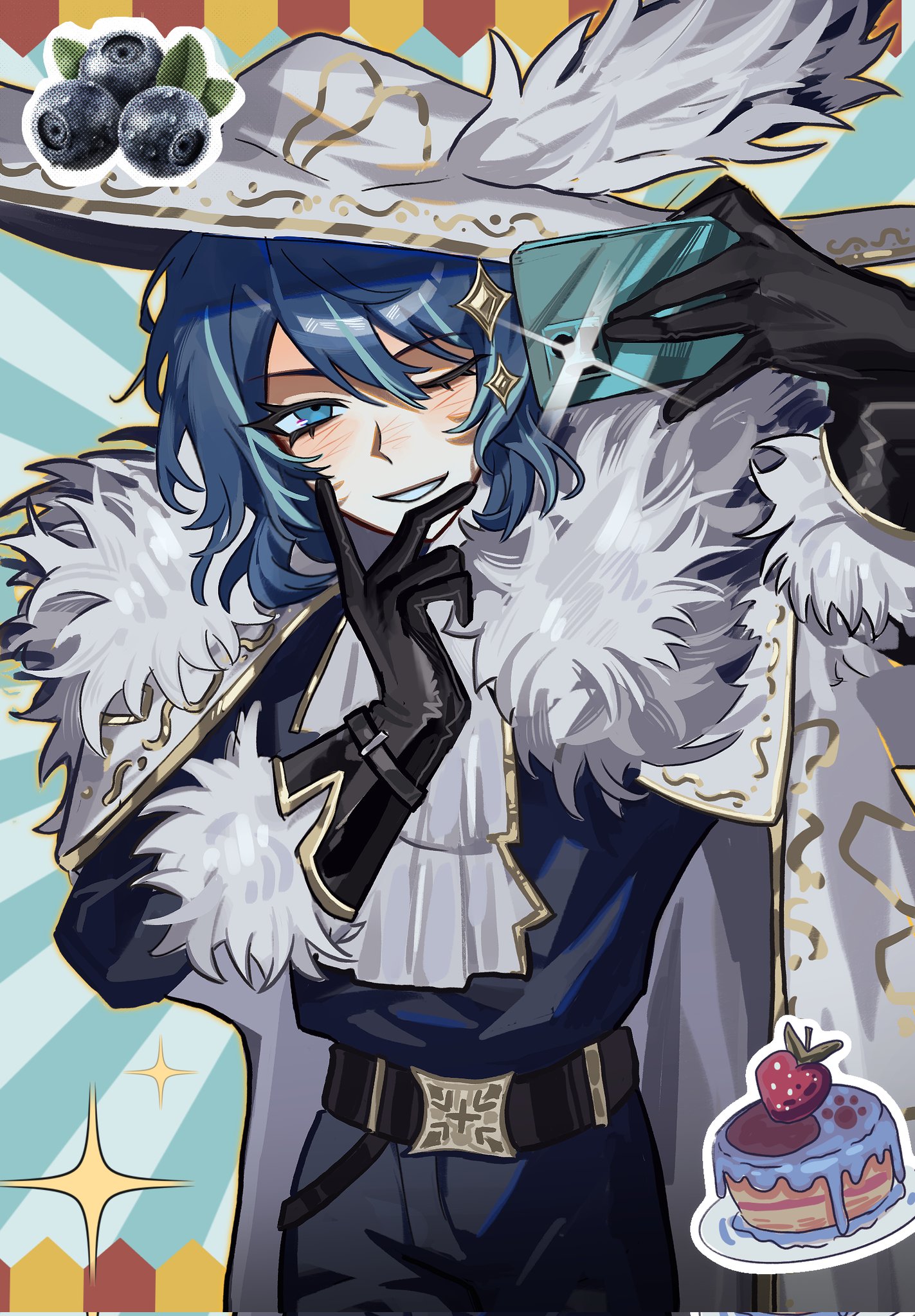 fanmaiji1101, limbus company, project moon, highres, 1boy, bishounen, black gloves, blue eyes, blue hair, blush, cake, camille (project moon), cape, cellphone, cowboy shot, food, gloves, hand up, hat, looking at viewer, male focus, musketeer, one eye closed, phone, selfie, short hair, smartphone, smile, solo, white cape, white fur