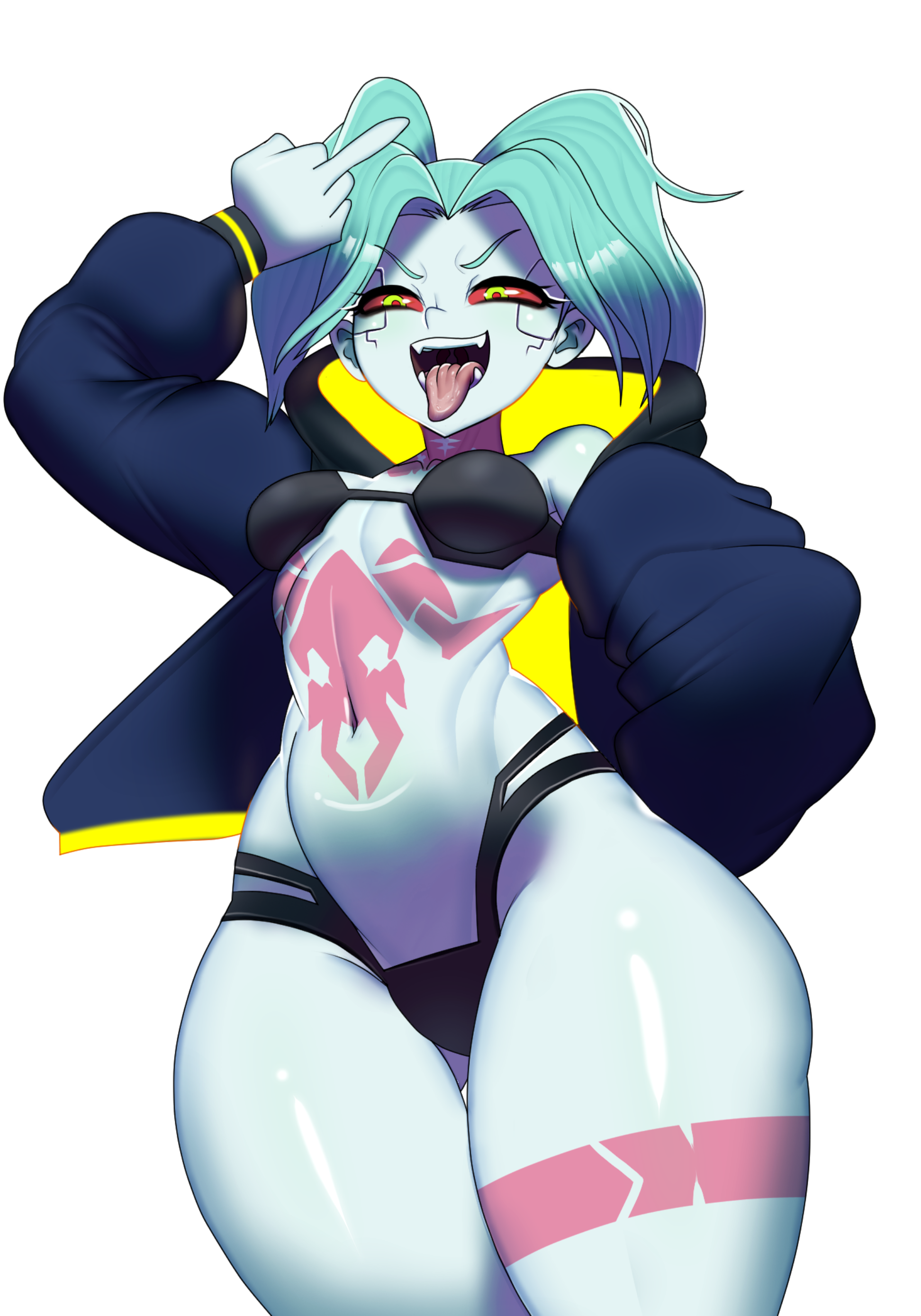 dogiflan, rebecca (cyberpunk), cyberpunk: edgerunners, cyberpunk (series), absurdres, highres, 1girl, arm behind back, black bra, black jacket, black panties, blue hair, blue skin, body markings, bra, breasts, colored sclera, colored skin, forehead, green eyes, jacket, long hair, long sleeves, looking at viewer, medium breasts, middle finger, navel, open clothes, open jacket, panties, red sclera, smile, solo, standing, teeth, tongue, tongue out, transparent background, underwear, uvula