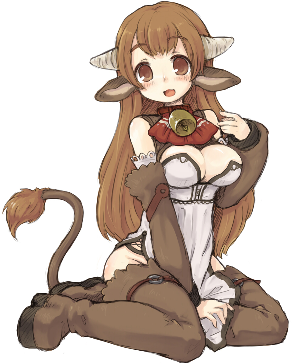 7010, original, highres, 1girl, animal ears, bell, breasts, brown eyes, brown hair, cleavage, cow ears, cow girl, cow tail, female focus, horns, kneeling, large breasts, long hair, solo, tail, thighhighs