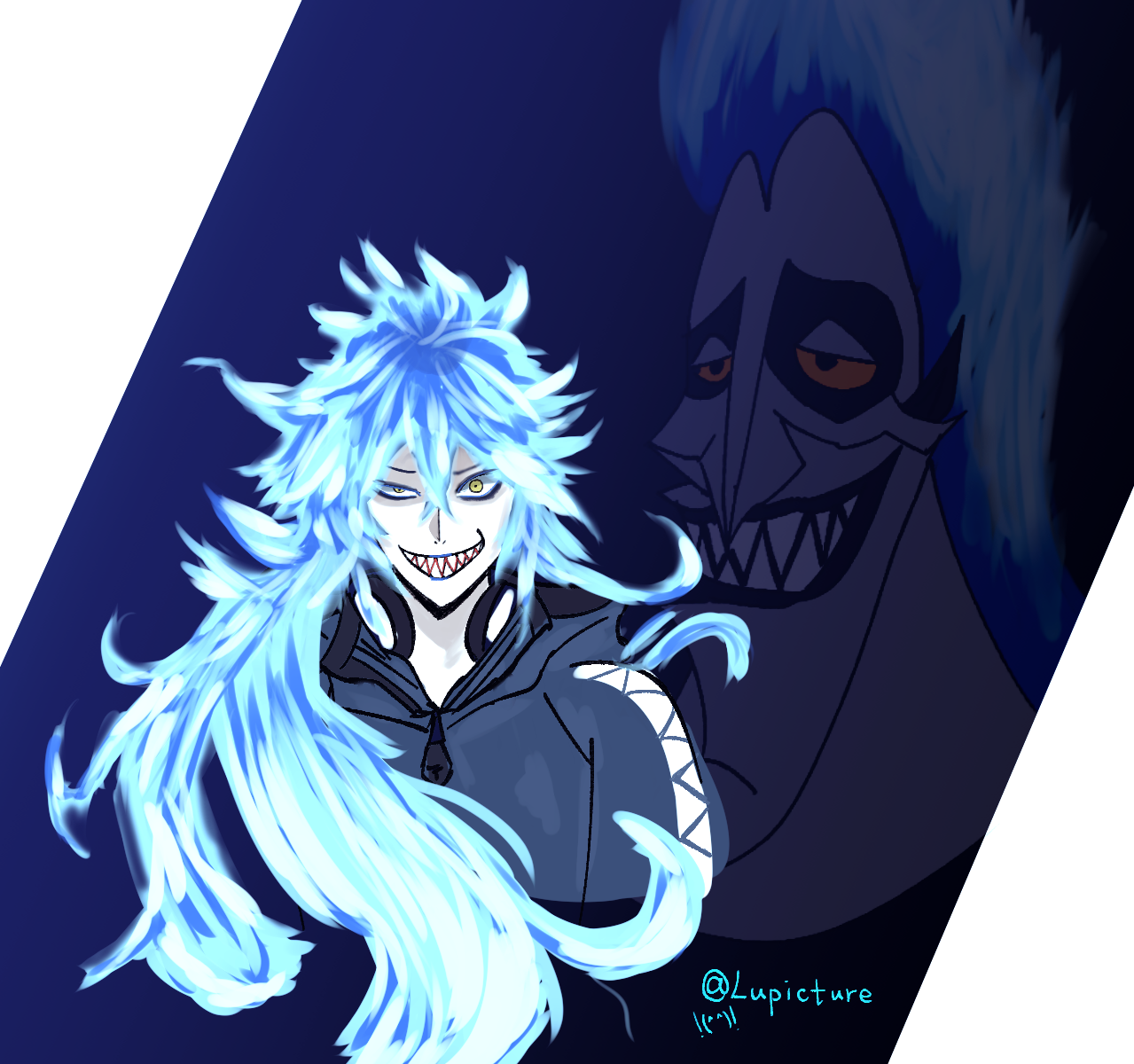 hades (disney), idia shroud, hercules (1997 movie), twisted wonderland, highres, 2boys, blue hair, blue lips, fiery hair, hair between eyes, jacket, long hair, long sleeves, looking at viewer, makeup, male focus, multiple boys, sharp teeth, short hair, simple background, solo, teeth, user fddr4354, very long hair, yellow eyes