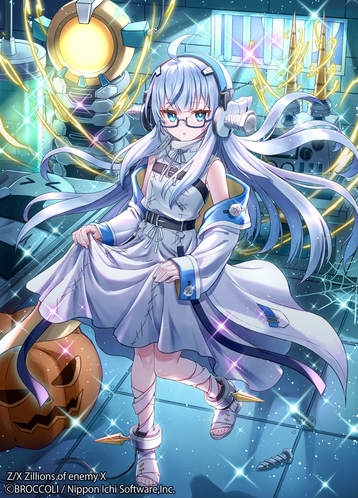 90kyuuri, z/x, official art, 1girl, ahoge, aqua eyes, coat, copyright notice, dress, glasses, grey hair, headphones, indoors, jack-o'-lantern, laboratory, light smile, long hair, mecha, open clothes, open coat, robot, screw, sparkle, white coat, white dress, yui (z/x)