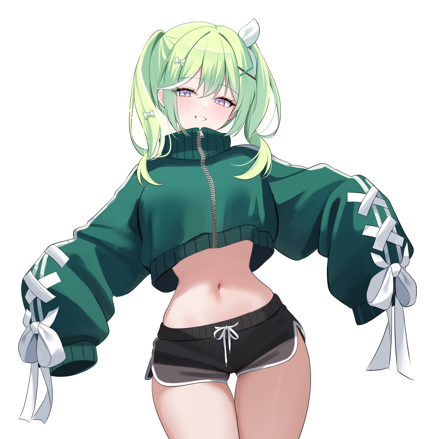 nannung, yuzuha riko, stellive, commentary request, highres, korean commentary, 1girl, black shorts, bow, breasts, cowboy shot, crop top, crop top overhang, cropped jacket, dolphin shorts, drawstring, green hair, green jacket, grin, hair bow, hair ornament, hair ribbon, jacket, long hair, long sleeves, looking at viewer, midriff, multicolored hair, navel, outstretched arms, purple eyes, ribbon, short shorts, shorts, simple background, sleeves past fingers, sleeves past wrists, smile, solo, stomach, streaked hair, thigh gap, thighs, track jacket, turtleneck, turtleneck jacket, twintails, virtual youtuber, white background, white ribbon, x hair ornament, zipper, zipper pull tab