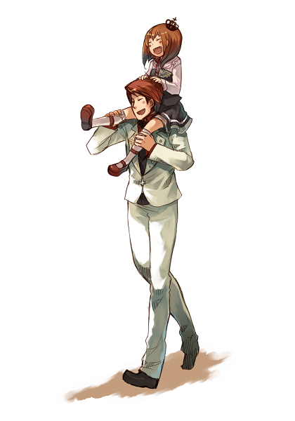 hanokage, ushiromiya battler, ushiromiya maria, umineko no naku koro ni, 00s, 1boy, 1girl, brown hair, carrying, closed eyes, cousins, crown, formal clothes, piggyback, shoes, short hair, shoulder carry, smile, suit, white background