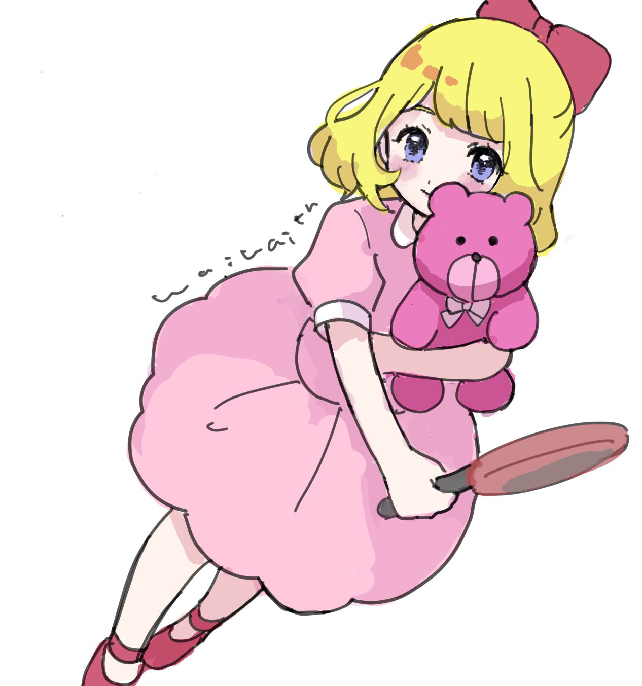 paula (mother 2), mother (series), mother 2, nintendo, highres, 1girl, blonde hair, blue eyes, bow, dress, frying pan, hair bow, holding, holding frying pan, holding stuffed toy, pink dress, red bow, ribbon, short sleeves, smile, stuffed animal, stuffed toy, teddy bear, toy, user rgdm5277