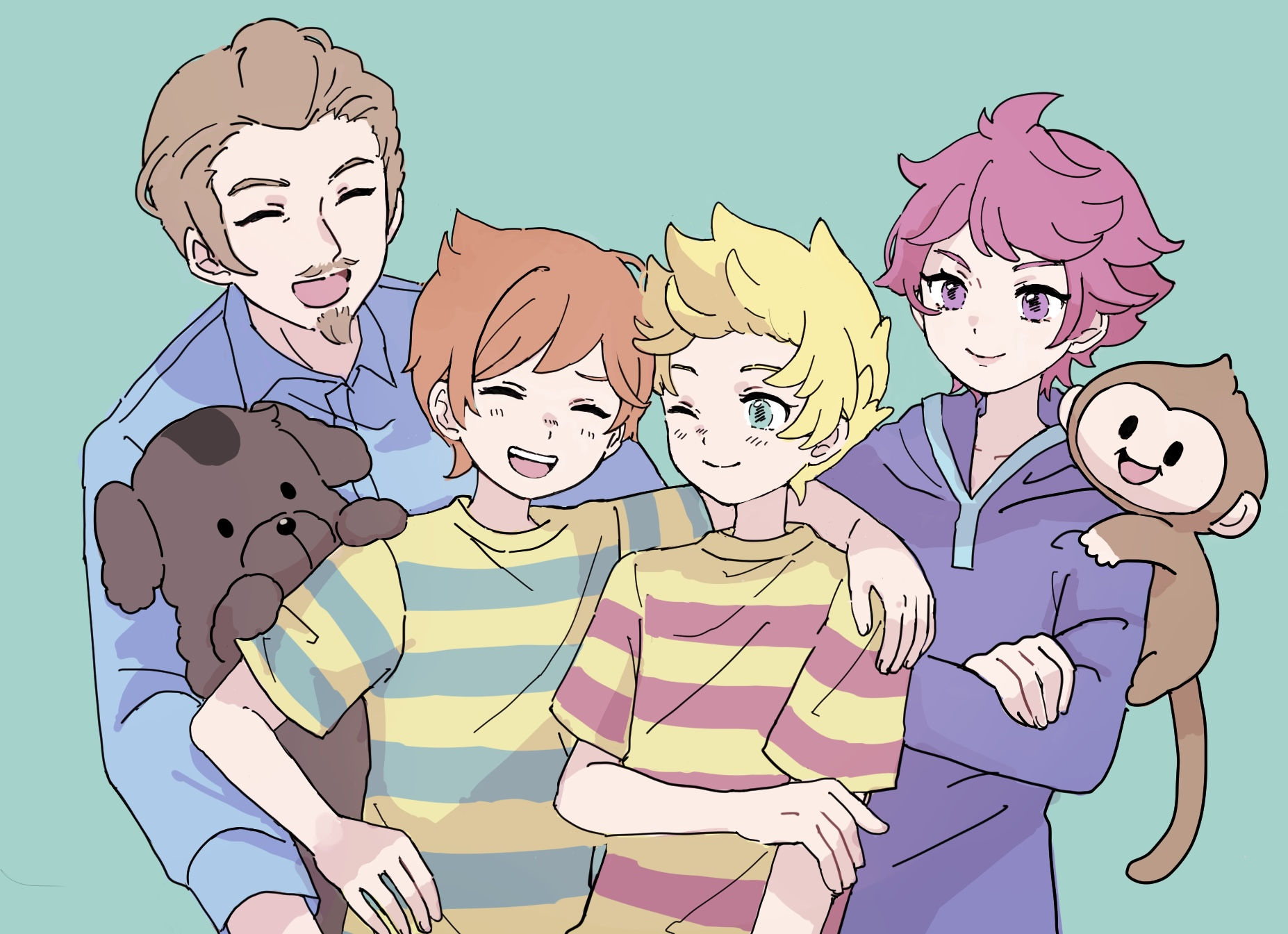 boney, claus (mother 3), duster (mother), kumatora, lucas (mother 3), salsa (mother), mother (series), mother 3, nintendo, highres, 1girl, 3boys, blonde hair, brothers, brown dog, brown hair, dog, hooded dress, monkey, multiple boys, open mouth, orange hair, quiff, shirt, short hair, siblings, smile, striped clothes, striped shirt, user rgdm5277