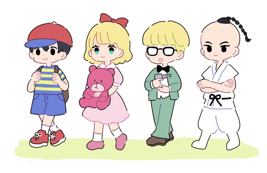 3b, jeff andonuts, ness (mother 2), paula (mother 2), poo (mother 2), mother (series), mother 2, nintendo, artist request, 1girl, baseball cap, black hair, blonde hair, blue eyes, bow, dress, hat, holding, multiple boys, multiple girls, red hat, shirt, shoes, short hair, shorts, sideways hat, smile, striped clothes, striped shirt, user rgdm5277