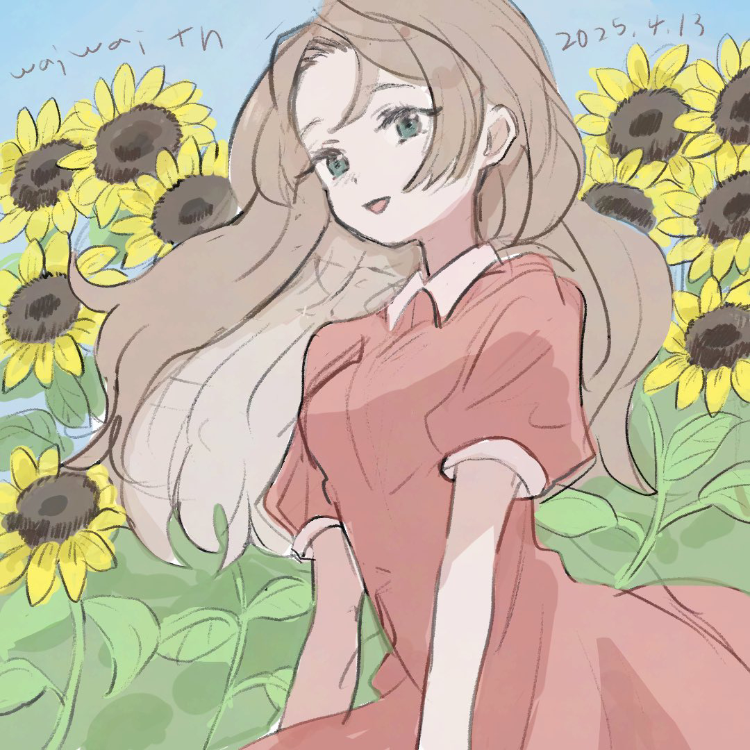 hinawa, mother (series), mother 3, nintendo, 1girl, brown hair, dress, flower, long hair, open mouth, red dress, smile, sunflower, tagm3, user rgdm5277