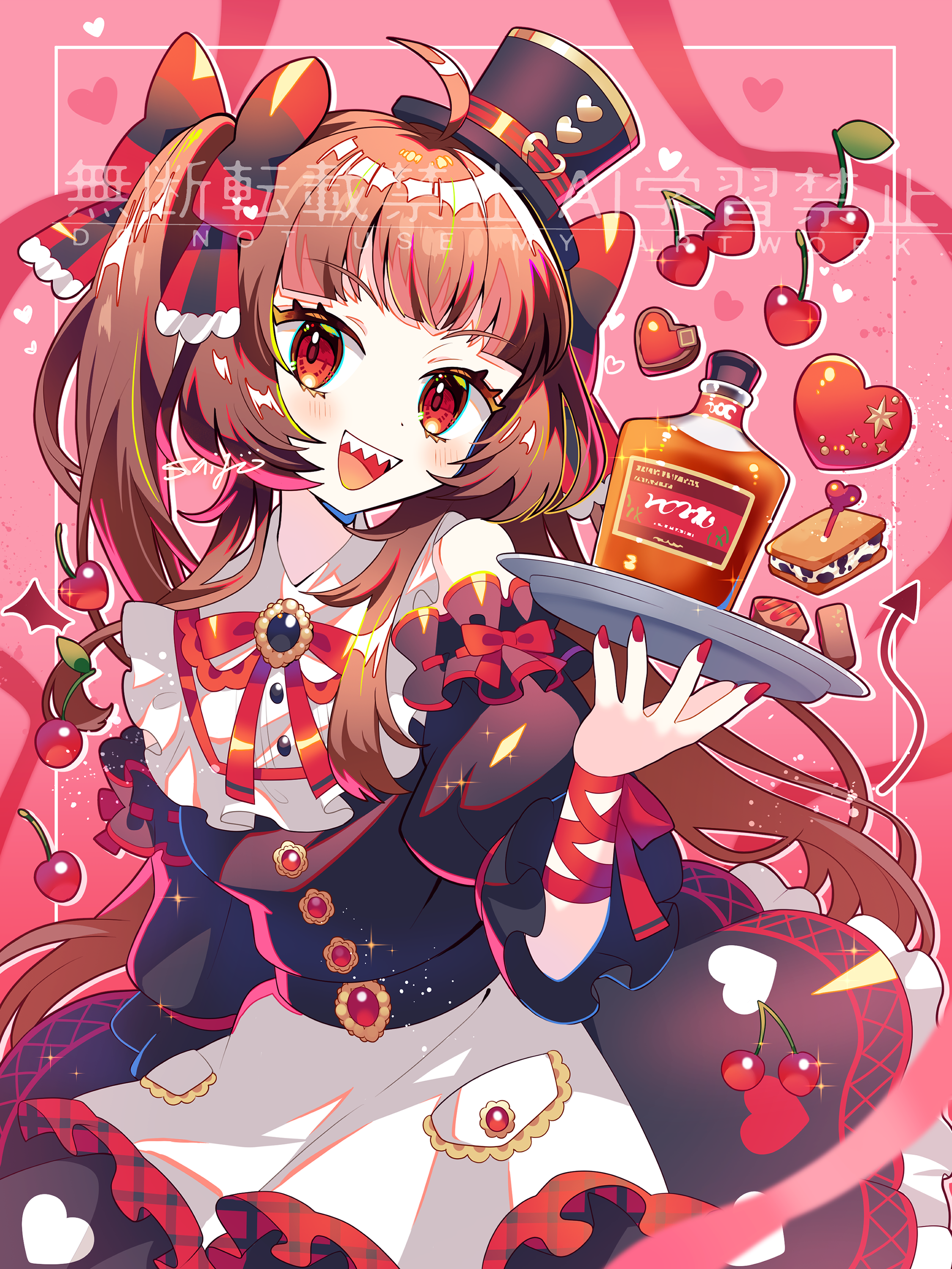 saijo1201, original, absurdres, commentary request, highres, 1girl, :d, ahoge, arm ribbon, black dress, black hat, blush, bottle, bow, brown hair, cherry, cookie, cowboy shot, dress, food, fruit, hair bow, hat, heart, holding, holding tray, inset border, long hair, looking at viewer, nail polish, neck ribbon, open mouth, pink background, red bow, red eyes, red nails, red ribbon, ribbon, sharp teeth, short sleeves, smile, solo, striped bow, teeth, top hat, tray, two side up, upper teeth only, watermark