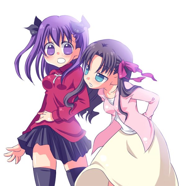 kiba (artist), kiba (sonomama), sonomama, matou sakura, tohsaka rin, fate/stay night, fate (series), 2girls, blue eyes, blush, brown hair, cosplay, costume switch, matou sakura (cosplay), multiple girls, purple eyes, purple hair, ribbon, siblings, sisters, thighhighs, tohsaka rin (cosplay), twintails, two side up, zettai ryouiki