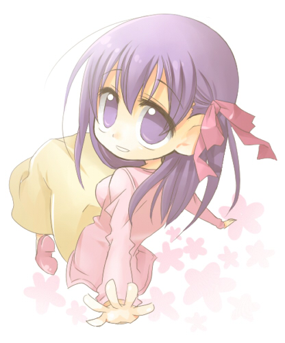 kiba (artist), kiba (sonomama), sonomama, matou sakura, fate/stay night, fate (series), lowres, 00s, 1girl, female focus, purple eyes, purple hair, ribbon, solo