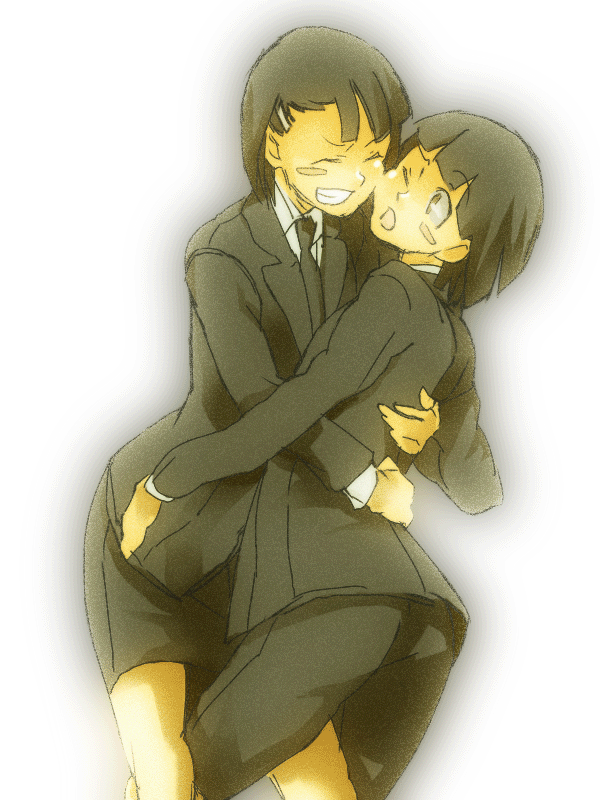 yoichi (pixiv 273474), endou izuna, endou shizuna, kurogane no linebarrel, uniform, bad id, bad pixiv id, 00s, 1boy, 1girl, black hair, bob cut, brother and sister, hetero, hug, pencil skirt, short hair, siblings, skirt, smile, twins