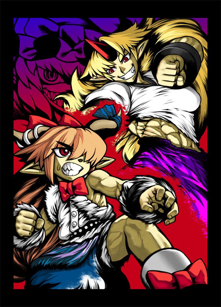 alexander (artist), hoshiguma yuugi, ibuki suika, touhou, bad id, bad pixiv id, 2girls, aura, battle, battle aura, female focus, high contrast, horns, multiple girls, muscular, muscular child, pointy ears, red eyes, single horn, teeth