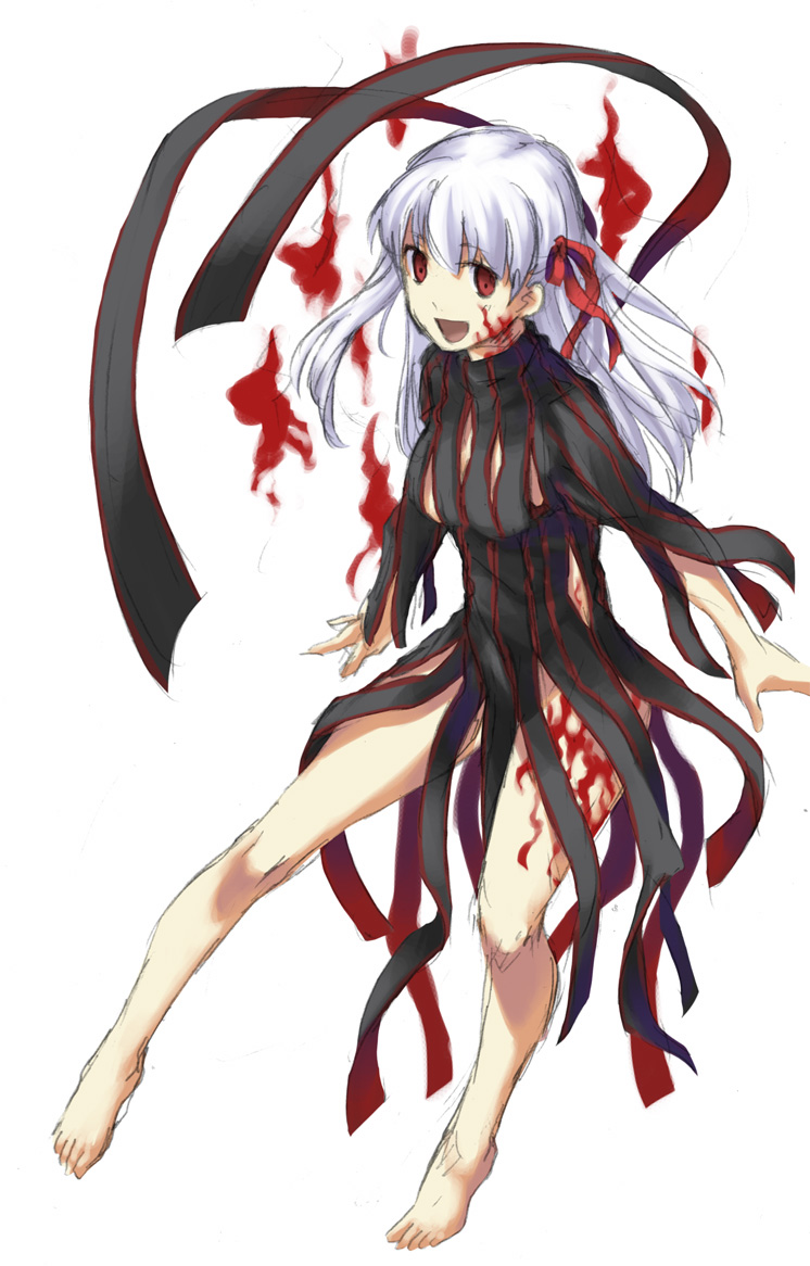 yone f15, dark sakura, matou sakura, fate/stay night, fate (series), bad id, bad pixiv id, 00s, 1girl, barefoot, feet, female focus, full body, open mouth, red eyes, ribbon, simple background, sketch, solo, turtleneck, white background, white hair
