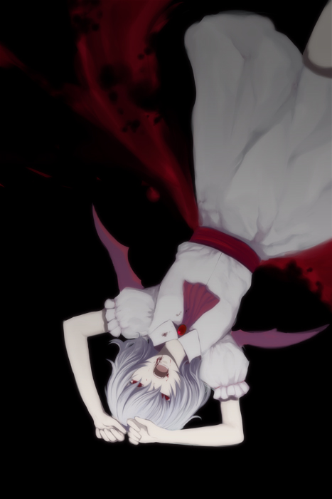 harano, remilia scarlet, touhou, 1girl, :o, arms up, ascot, brooch, dress, female focus, gem, jewelry, looking at viewer, open mouth, puffy short sleeves, puffy sleeves, red eyes, short sleeves, solo, upside-down, vampire, white dress