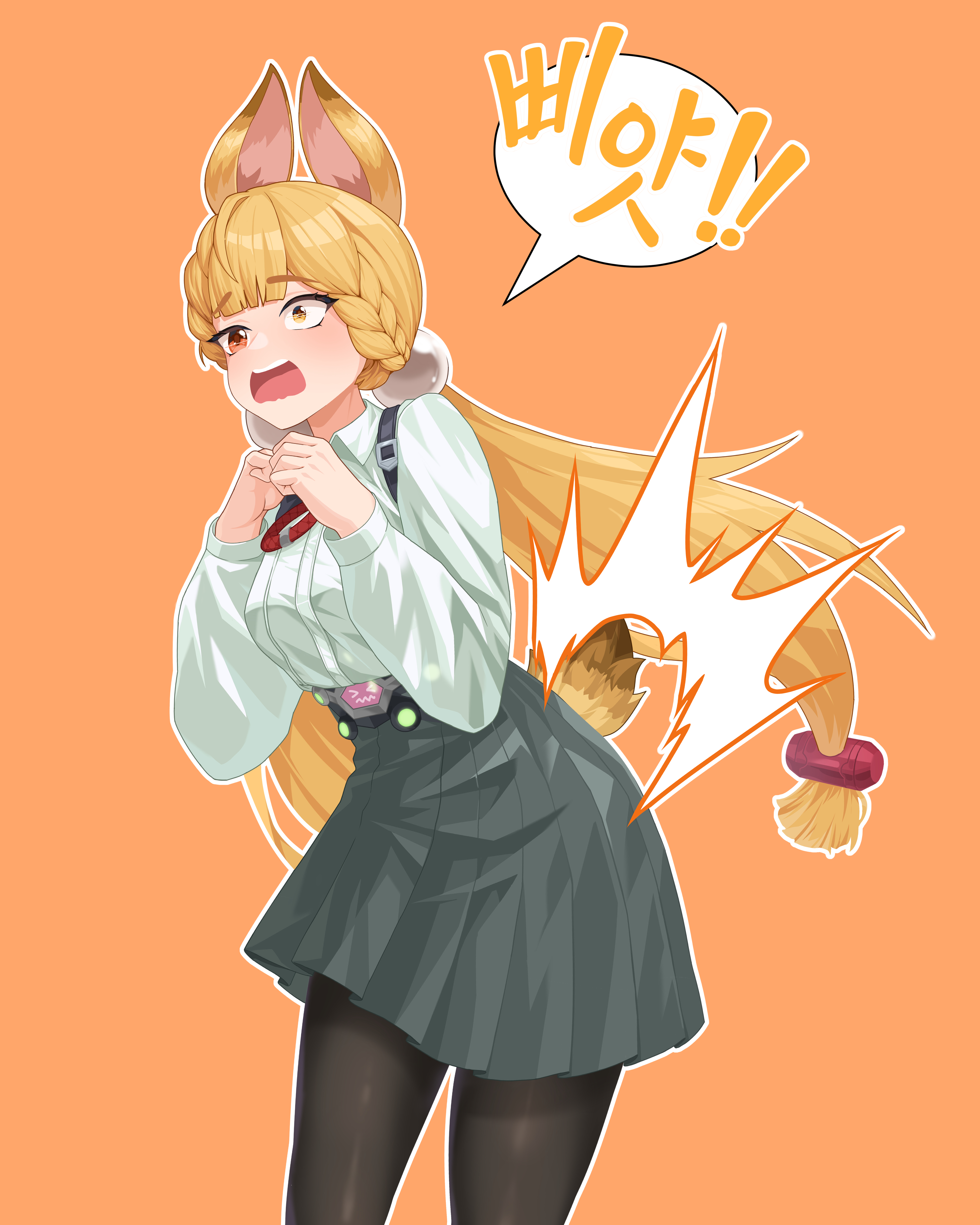 teabaek, alice thymefield, zenless zone zero, absurdres, highres, translation request, 1girl, animal ears, blonde hair, braid, breasts, hair ornament, heterochromia, korean text, large breasts, long hair, looking at viewer, low twintails, rabbit ears, rabbit girl, red eyes, shirt, sphere hair ornament, tail, twintails, white shirt, yellow eyes