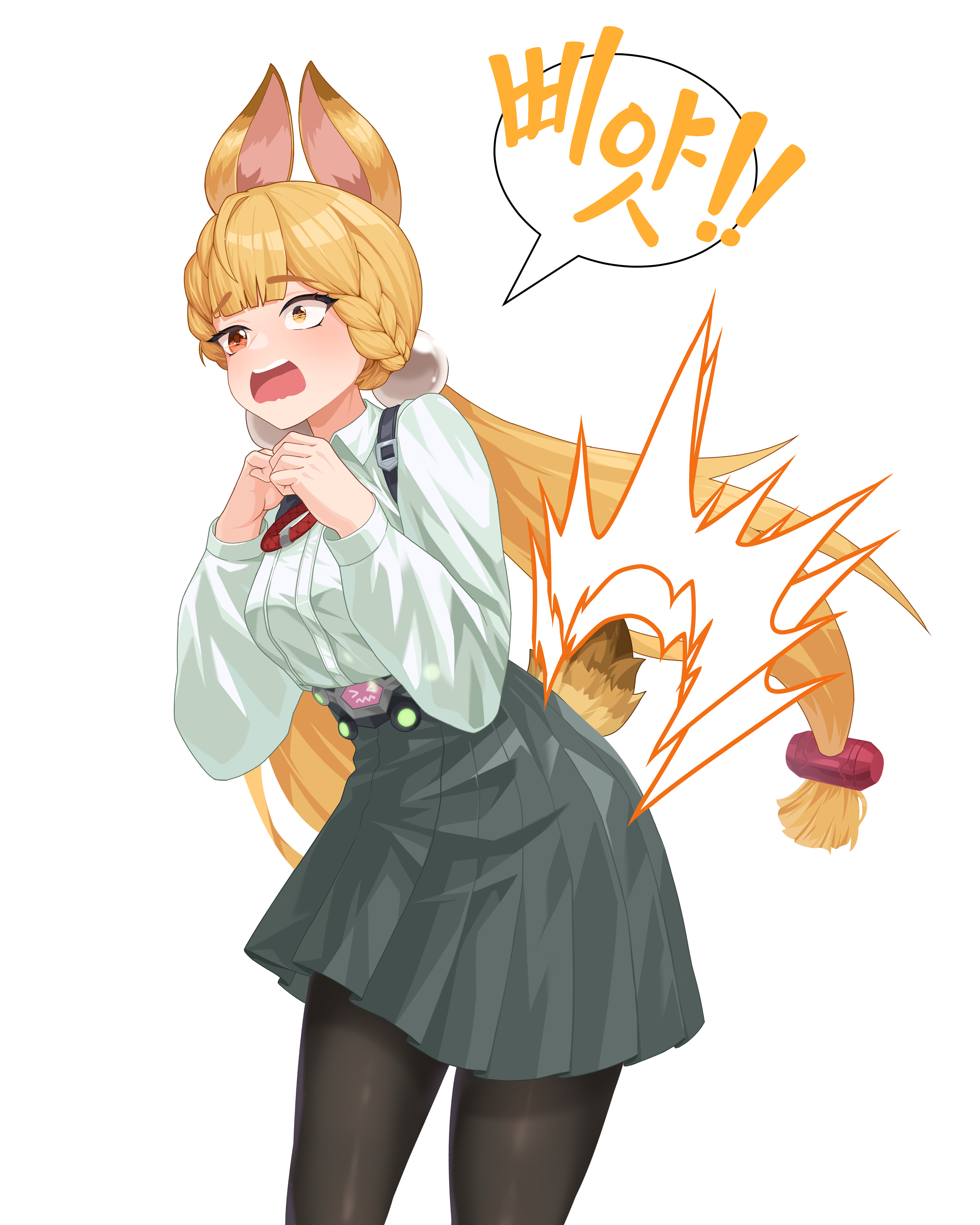 teabaek, alice thymefield, zenless zone zero, absurdres, highres, translation request, 1girl, animal ears, blonde hair, braid, breasts, hair ornament, heterochromia, korean text, large breasts, long hair, looking at viewer, low twintails, rabbit ears, rabbit girl, red eyes, shirt, sphere hair ornament, tail, twintails, white shirt, yellow eyes