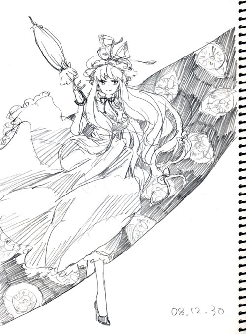 mokeo, yakumo yukari, touhou, traditional media, 1girl, female focus, gap (touhou), greyscale, hat, monochrome, sketch, solo, white background