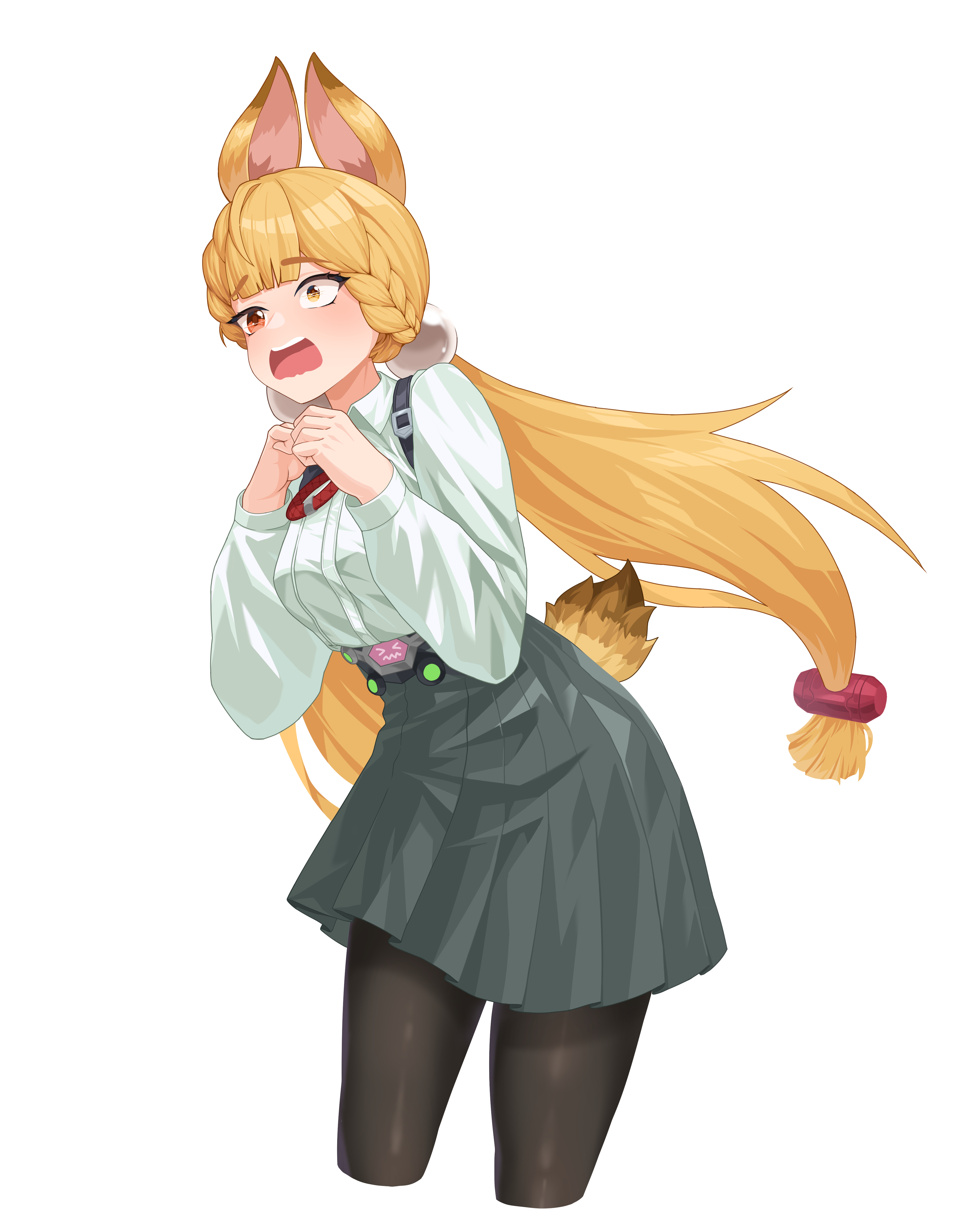 teabaek, alice thymefield, zenless zone zero, absurdres, highres, translation request, 1girl, animal ears, blonde hair, braid, breasts, hair ornament, heterochromia, korean text, large breasts, long hair, looking at viewer, low twintails, rabbit ears, rabbit girl, red eyes, shirt, sphere hair ornament, tail, twintails, white shirt, yellow eyes
