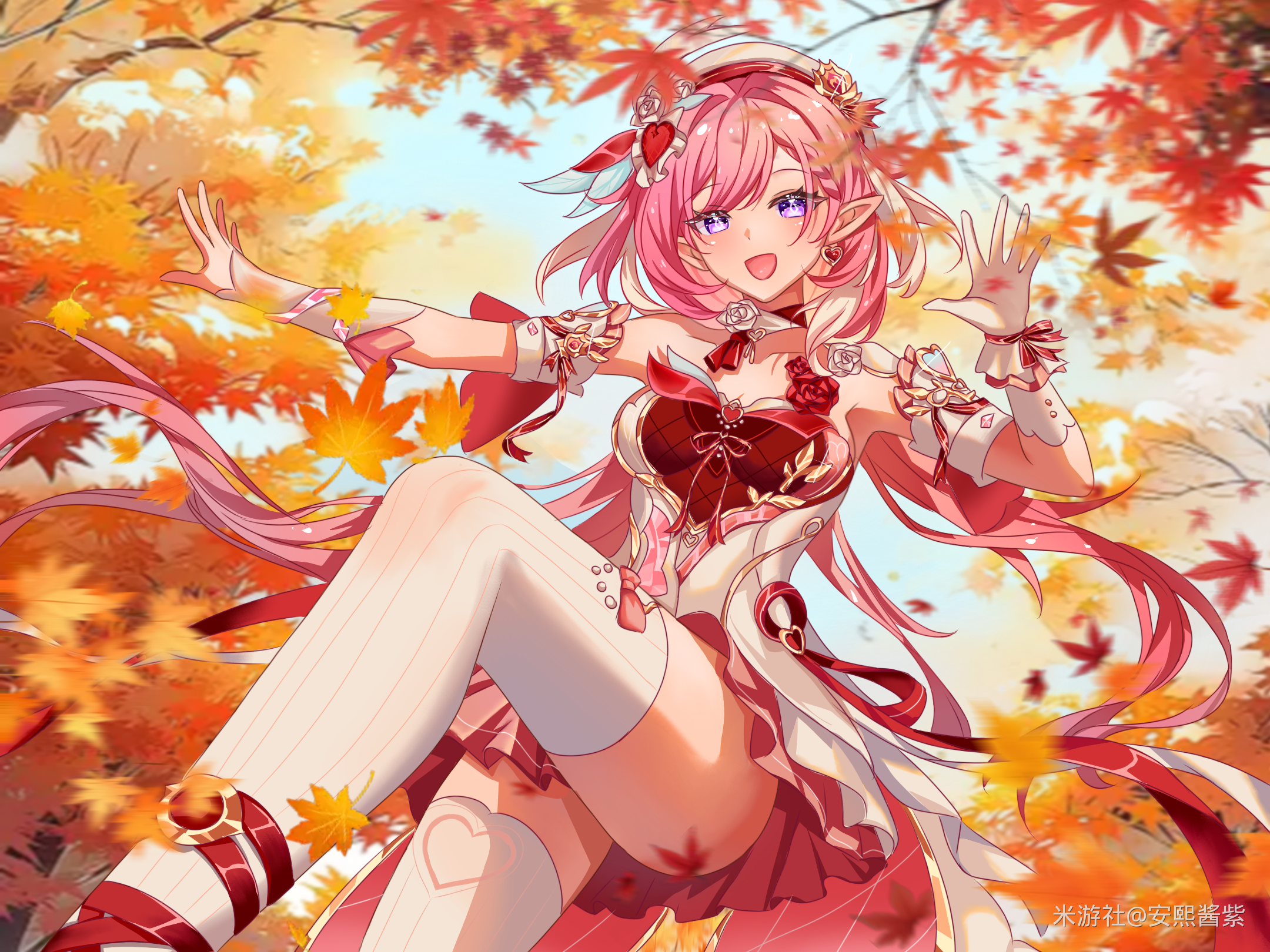 elysia (hi love elf) (honkai impact), elysia (honkai impact), honkai (series), honkai impact 3rd, chinese commentary, commentary request, highres, 1girl, an xi jiangzi, armpits, bare shoulders, beret, breasts, diamond-shaped pupils, diamond (shape), dress, earrings, elf, gloves, hat, heart, heart earrings, jewelry, large breasts, long hair, miyoushe watermark, multicolored dress, multicolored hair, outdoors, photo background, pink dress, pink hair, pointy ears, purple eyes, red dress, solo, symbol-shaped pupils, thighhighs, thighs, two-tone hair, very long hair, watermark, white dress, white gloves, white hair, white thighhighs