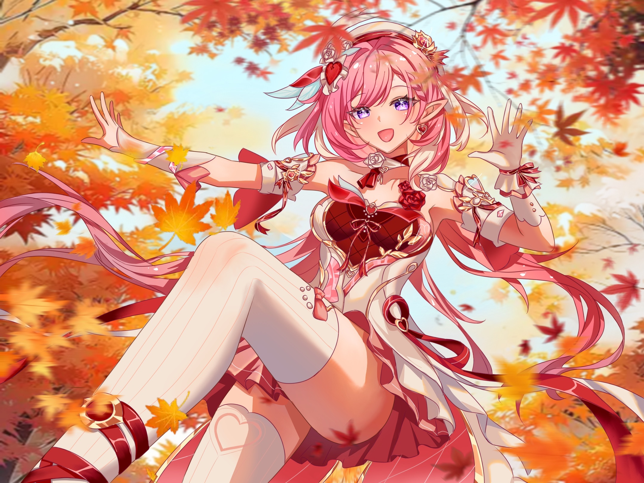 elysia (hi love elf) (honkai impact), elysia (honkai impact), honkai (series), honkai impact 3rd, chinese commentary, commentary request, highres, 1girl, an xi jiangzi, armpits, bare shoulders, beret, breasts, diamond-shaped pupils, diamond (shape), dress, earrings, elf, gloves, hat, heart, heart earrings, jewelry, large breasts, long hair, multicolored dress, multicolored hair, outdoors, photo background, pink dress, pink hair, pointy ears, purple eyes, red dress, solo, symbol-shaped pupils, thighhighs, thighs, two-tone hair, very long hair, white dress, white gloves, white hair, white thighhighs