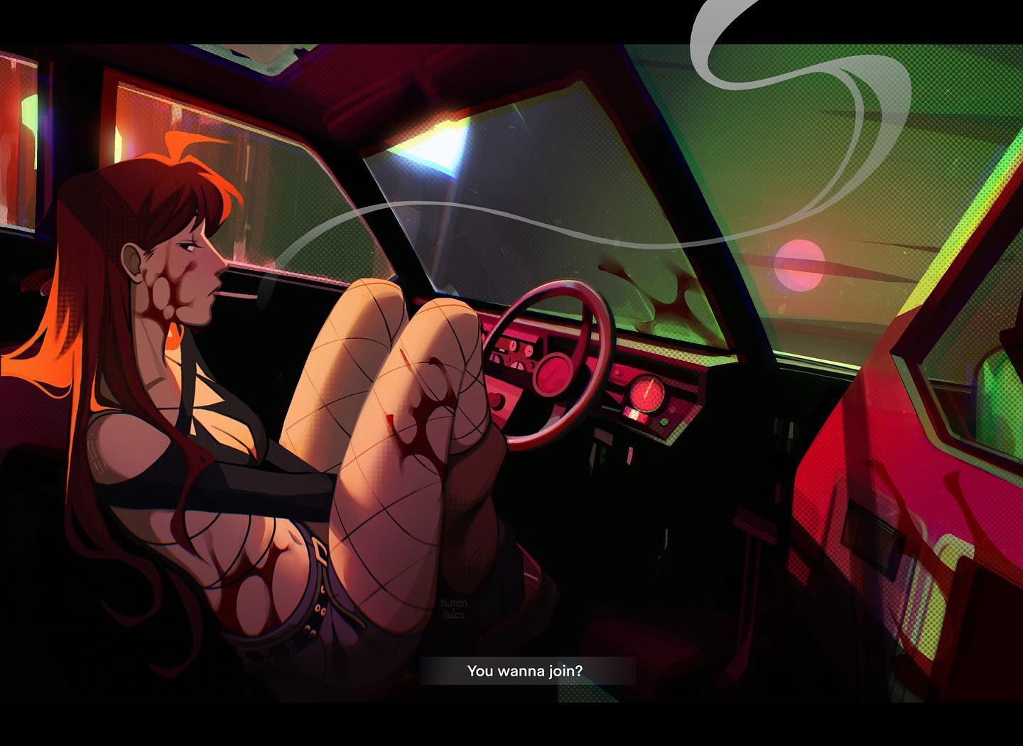 gluca, original, artist collaboration, commentary, english commentary, 1girl, ahoge, belt, bikini, bikini top only, black belt, black bikini, black eyes, blood, blood on face, blood on leg, blood on stomach, blue shorts, boots, breasts, brown boots, brown hair, car interior, chromatic aberration, cigarette, cleavage, english text, fishnet pantyhose, fishnets, frown, full moon, hair behind ear, letterboxed, looking at viewer, medium breasts, moon, open door, outside border, pantyhose, paula blumen, pink moon, short shorts, shorts, signature, smoke, smoking, solo, steering wheel, subtitled, swimsuit