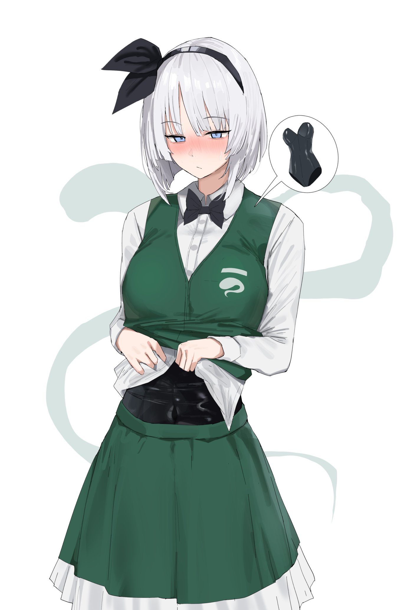 258n, konpaku youmu, konpaku youmu (ghost), touhou, highres, 1girl, black bow, black bowtie, black hairband, black leotard, blue eyes, blush, bow, bowtie, breasts, buttons, closed mouth, collared shirt, cowboy shot, green skirt, green vest, hairband, leotard, leotard under clothes, long sleeves, looking at viewer, medium breasts, shirt, simple background, skirt, solo, spoken object, vest, white background, white hair, white shirt