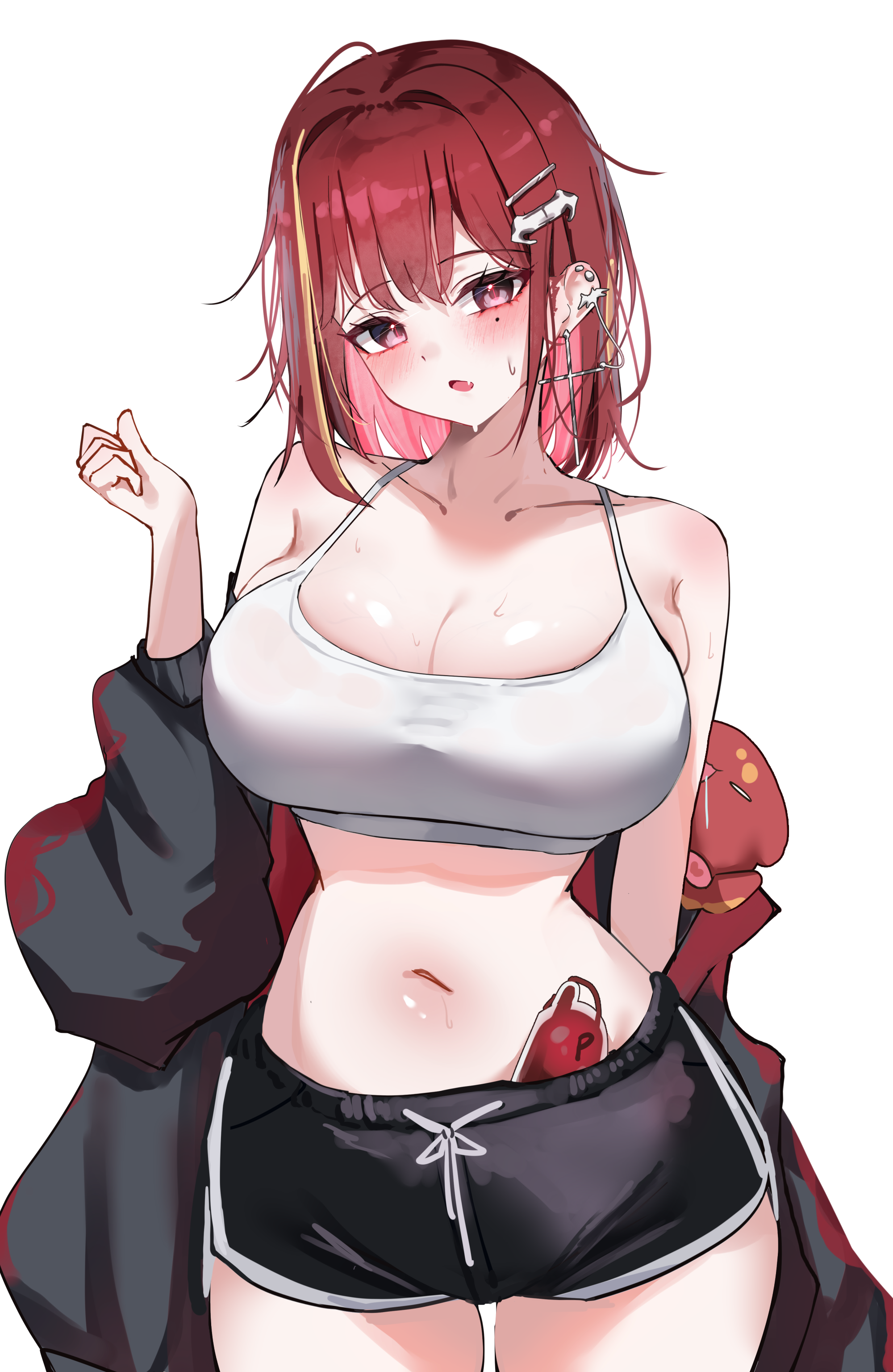 yeomhwauranyum, akane lize, stellive, absurdres, commentary, highres, 1girl, ahoge, bare shoulders, black eyes, black jacket, black shorts, blood, blood bag, breasts, camisole, cleavage, collarbone, cowboy shot, crop top, dolphin shorts, drawstring, ear piercing, earrings, fang, hair ornament, hairclip, hand up, jacket, jewelry, large breasts, looking at viewer, medium hair, midriff, mole, mole under eye, multicolored hair, navel, off shoulder, open mouth, pienna (akane lize), piercing, red hair, shirt, short shorts, shorts, simple background, sleeveless, sleeveless shirt, solo, spaghetti strap, stomach, streaked hair, sweat, virtual youtuber, white background, white shirt