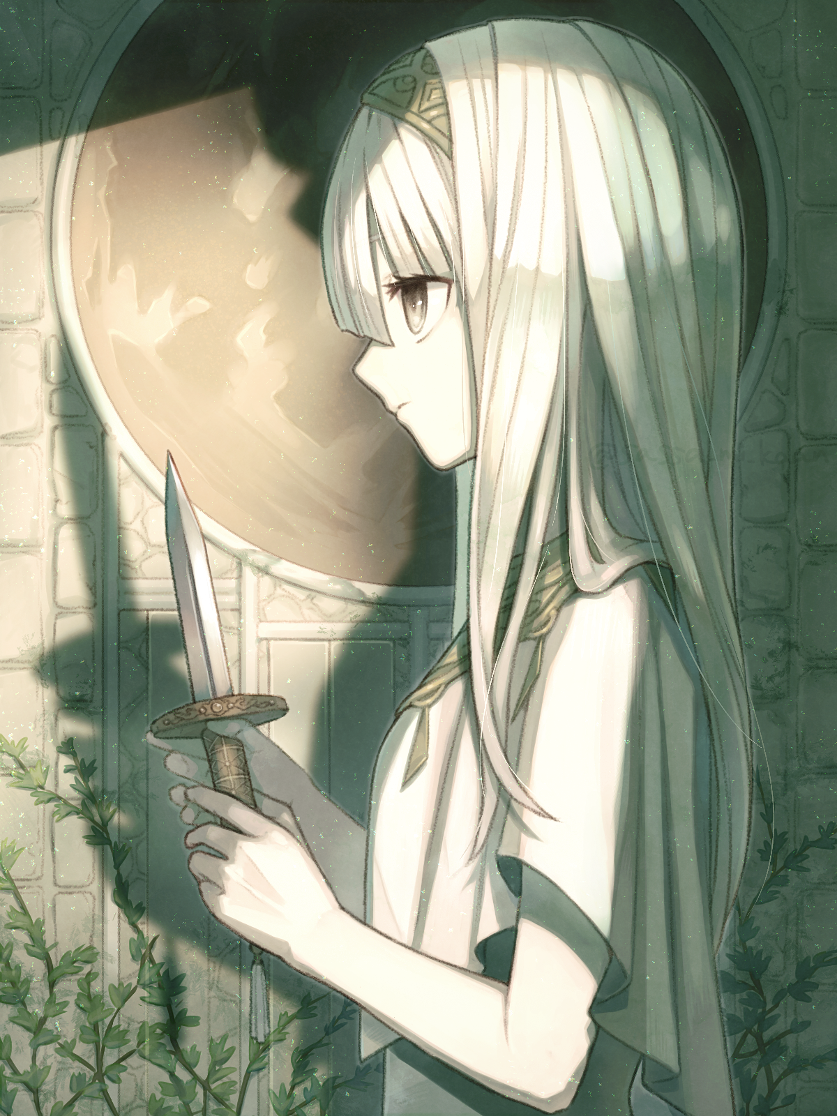 sasami kan, original, chinese commentary, commentary request, highres, 1girl, closed mouth, dagger, from side, grey eyes, grey hair, hairband, holding, holding dagger, holding knife, holding weapon, knife, long hair, metal hairband, pale skin, plant, robe, solo, upper body, vines, weapon, white robe